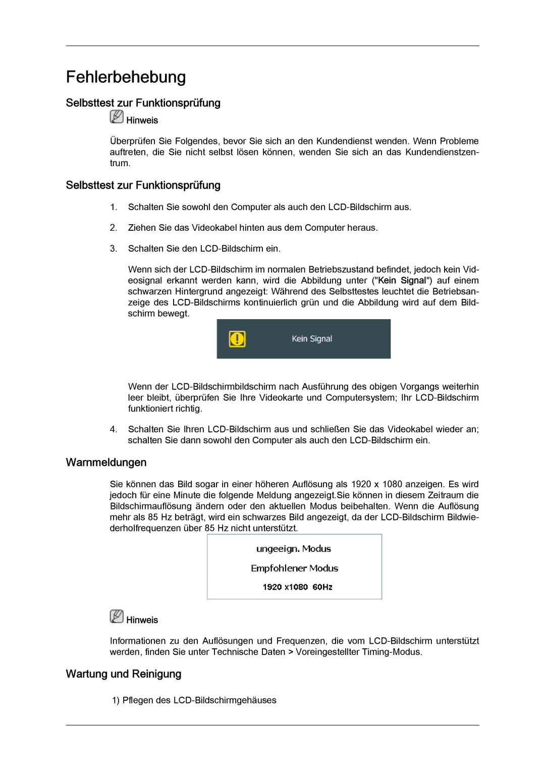 Samsung LH40CRPMBD/EN, LH46CRPMBD/EN, LH46CRPMBC/EN Selbsttest zur Funktionsprüfung, Warnmeldungen, Wartung und Reinigung 