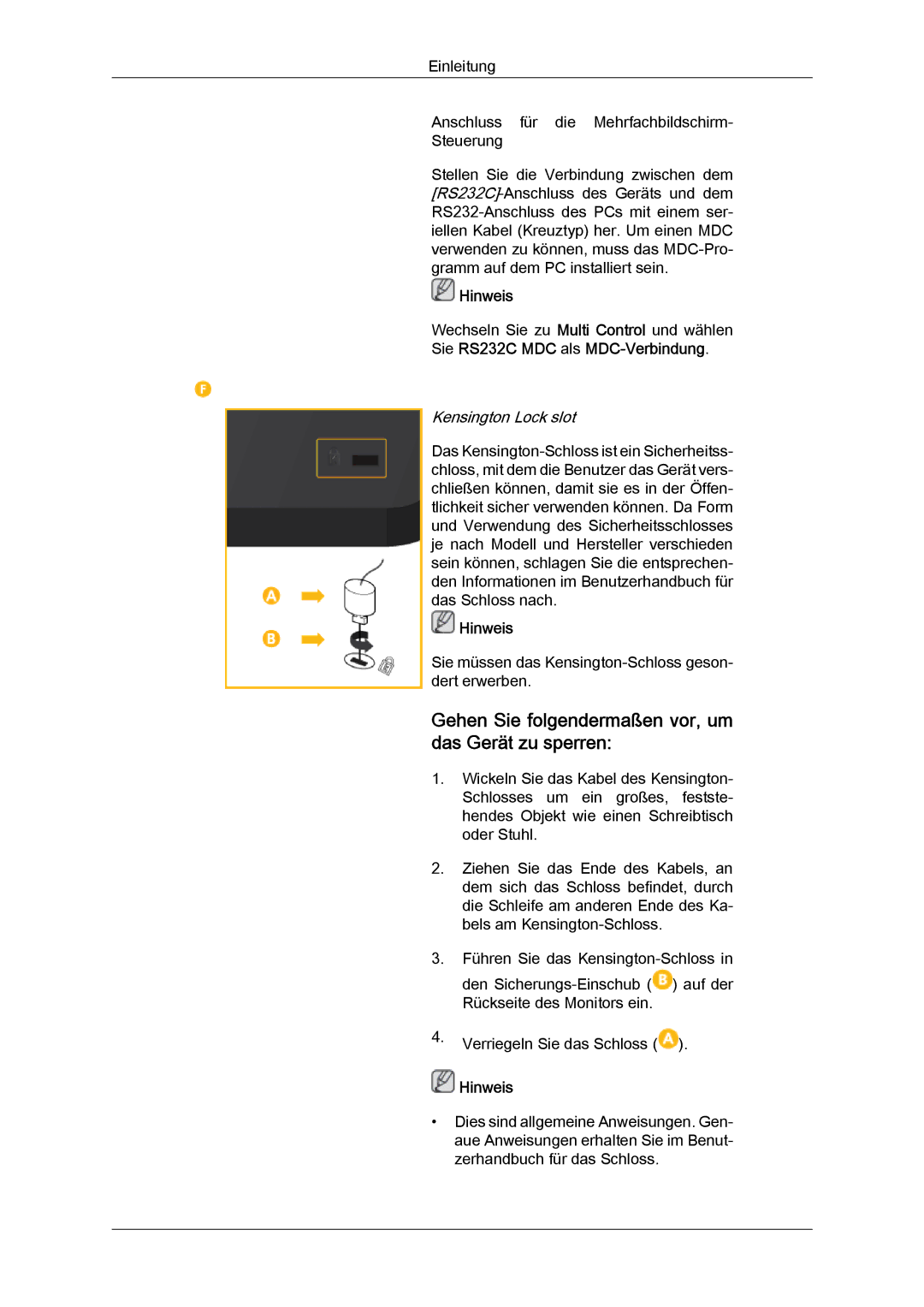 Samsung LH46CRPMBC/EN, LH46CRPMBD/EN manual Gehen Sie folgendermaßen vor, um das Gerät zu sperren, Kensington Lock slot 