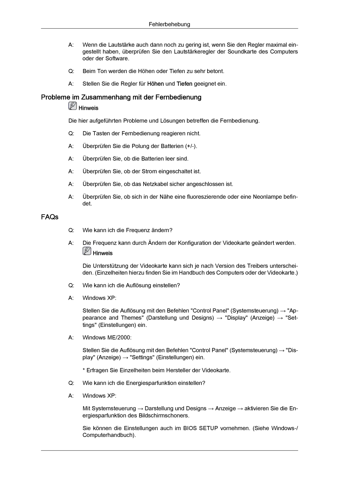 Samsung LH40CRPMBD/EN, LH46CRPMBD/EN, LH46CRPMBC/EN, LH40CRPMBC/EN manual Probleme im Zusammenhang mit der Fernbedienung, FAQs 