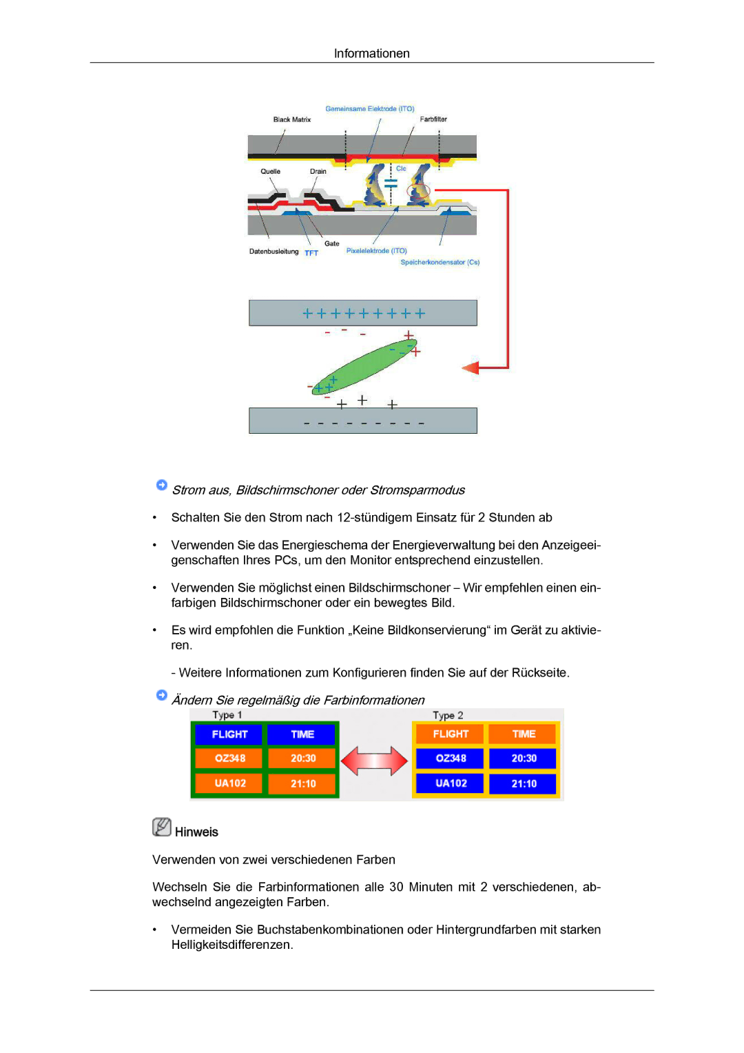 Samsung LH46CRPMBC/EN manual Strom aus, Bildschirmschoner oder Stromsparmodus, Ändern Sie regelmäßig die Farbinformationen 