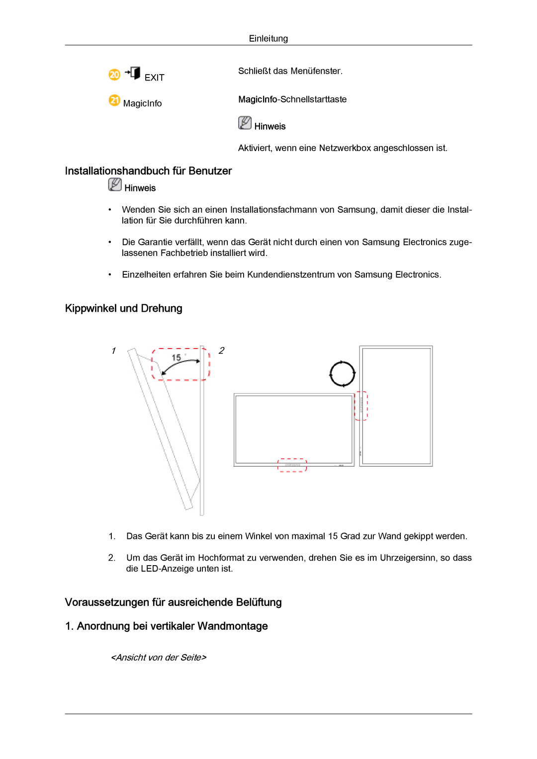 Samsung LH40CRPMBD/EN, LH46CRPMBD/EN Installationshandbuch für Benutzer, Kippwinkel und Drehung, Ansicht von der Seite 