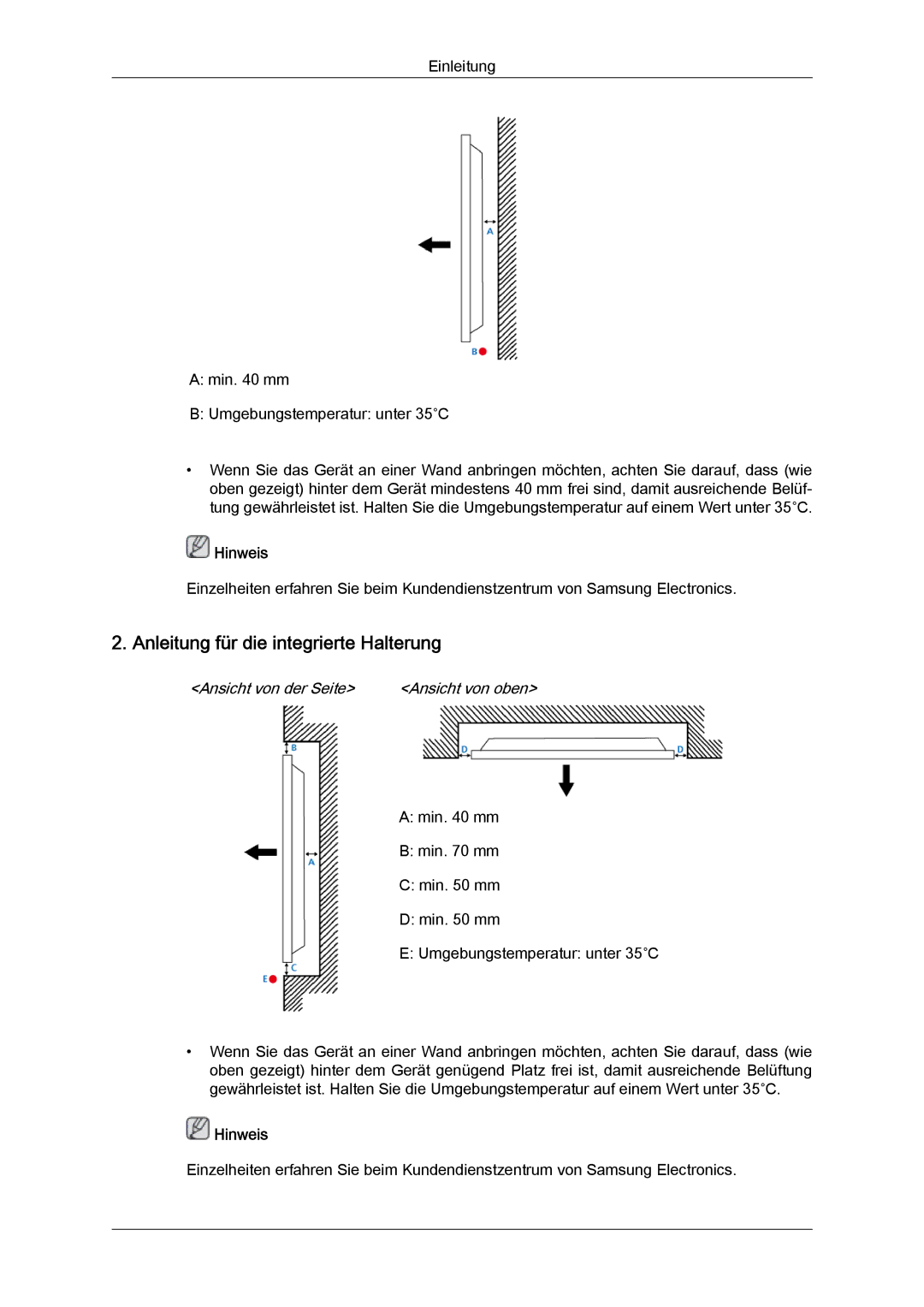 Samsung LH40CRPMBC/EN, LH46CRPMBD/EN manual Anleitung für die integrierte Halterung, Ansicht von der Seite Ansicht von oben 