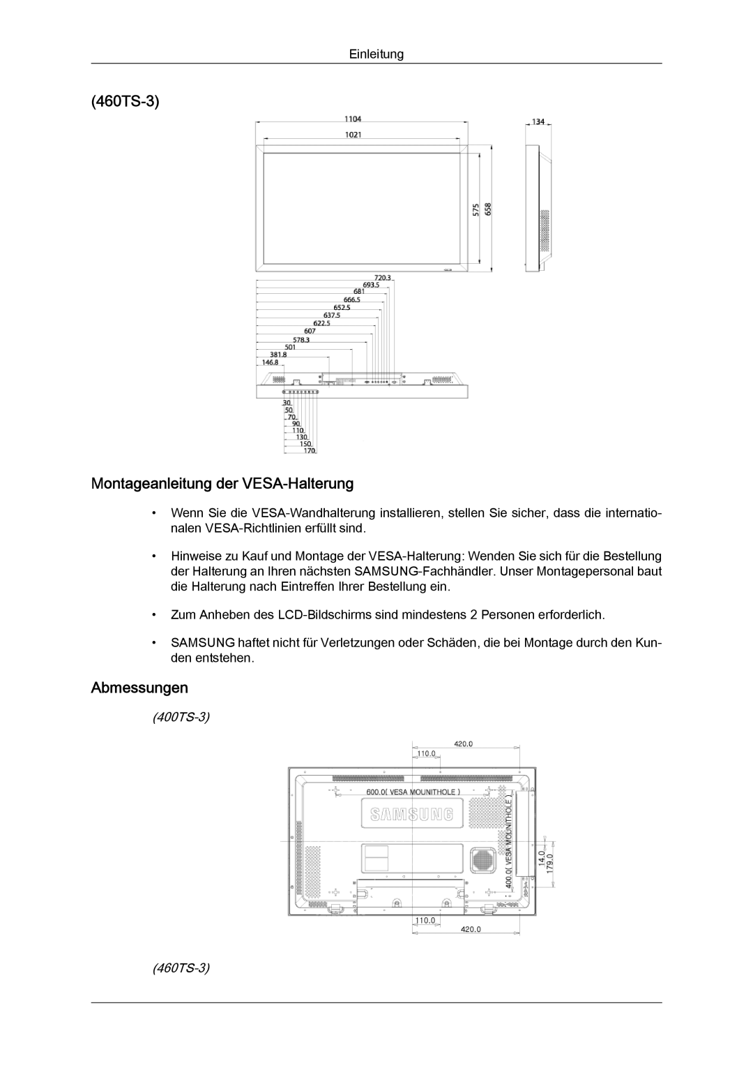 Samsung LH46CRPMBC/EN, LH46CRPMBD/EN manual 460TS-3 Montageanleitung der VESA-Halterung, Abmessungen, 400TS-3 460TS-3 