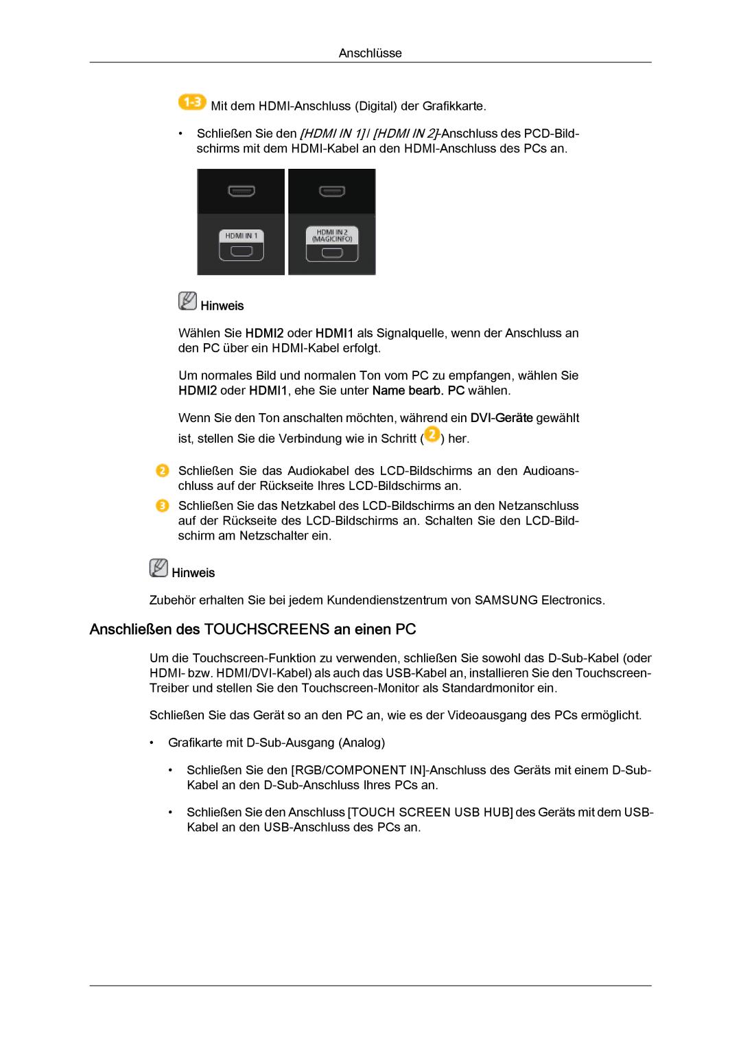 Samsung LH40CRPMBC/EN, LH46CRPMBD/EN, LH46CRPMBC/EN, LH40CRPMBD/EN manual Anschließen des Touchscreens an einen PC, Hinweis 