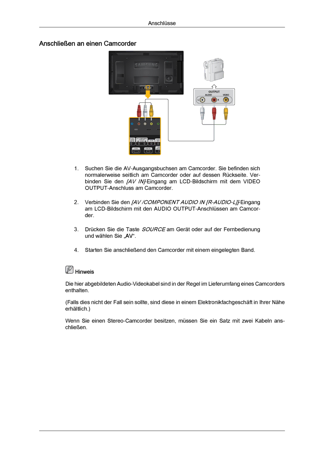 Samsung LH40CRPMBC/EN, LH46CRPMBD/EN, LH46CRPMBC/EN, LH40CRPMBD/EN manual Anschließen an einen Camcorder 