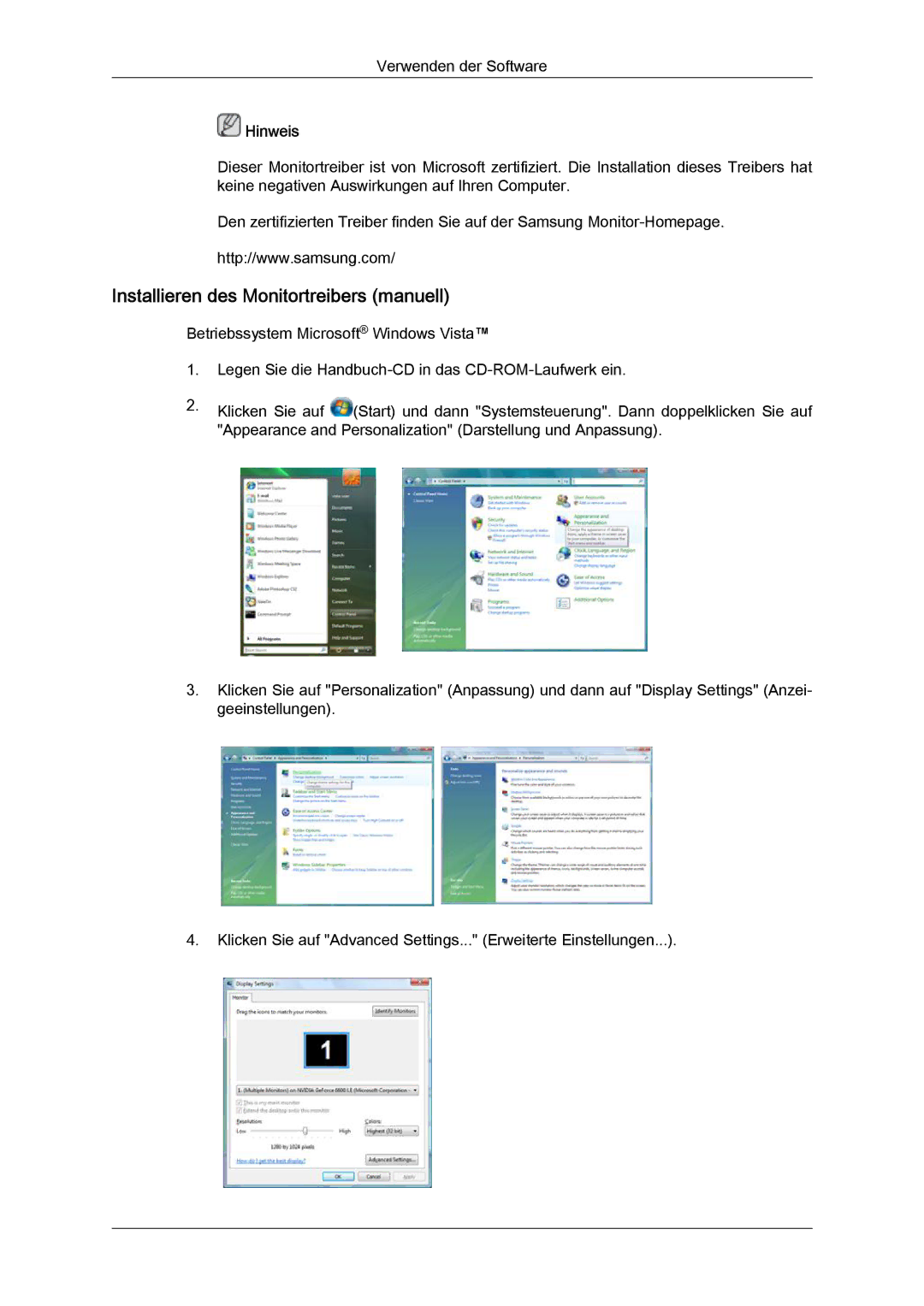 Samsung LH40CRPMBC/EN, LH46CRPMBD/EN, LH46CRPMBC/EN, LH40CRPMBD/EN manual Installieren des Monitortreibers manuell 