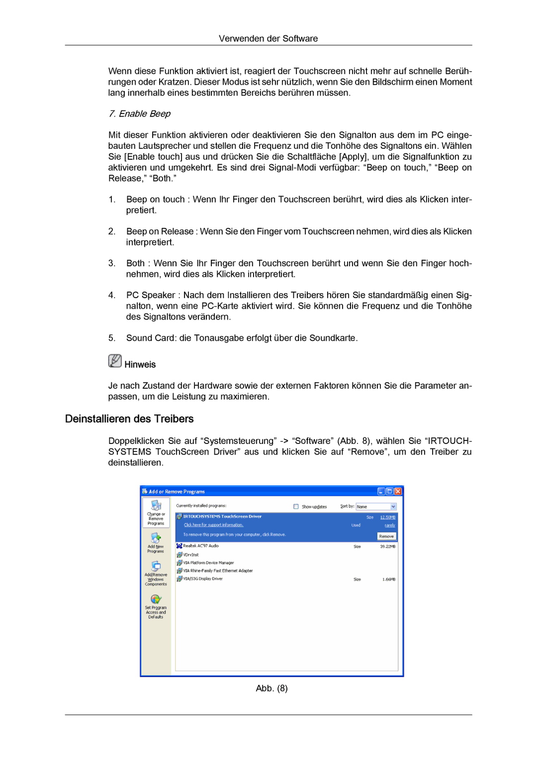 Samsung LH46CRPMBD/EN, LH46CRPMBC/EN, LH40CRPMBD/EN, LH40CRPMBC/EN manual Deinstallieren des Treibers, Enable Beep 