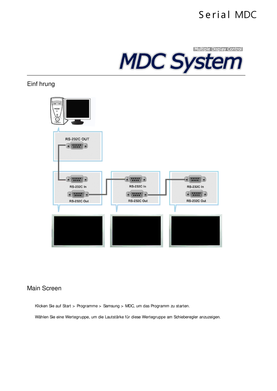 Samsung LH46CRPMBD/EN, LH46CRPMBC/EN, LH40CRPMBD/EN, LH40CRPMBC/EN manual R i a l MDC, Einführung Main Screen 