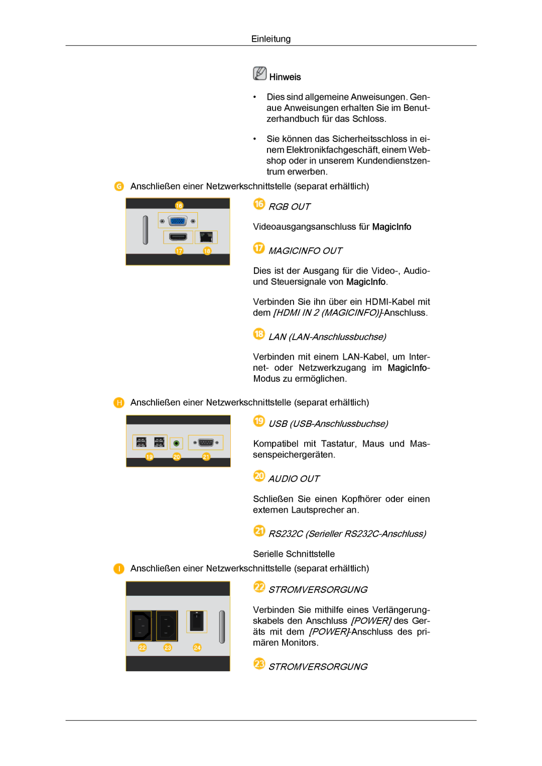 Samsung LH40CRPMBD/EN, LH46CRPMBD/EN, LH46CRPMBC/EN, LH40CRPMBC/EN manual Rgb Out, Magicinfo OUT, Stromversorgung 