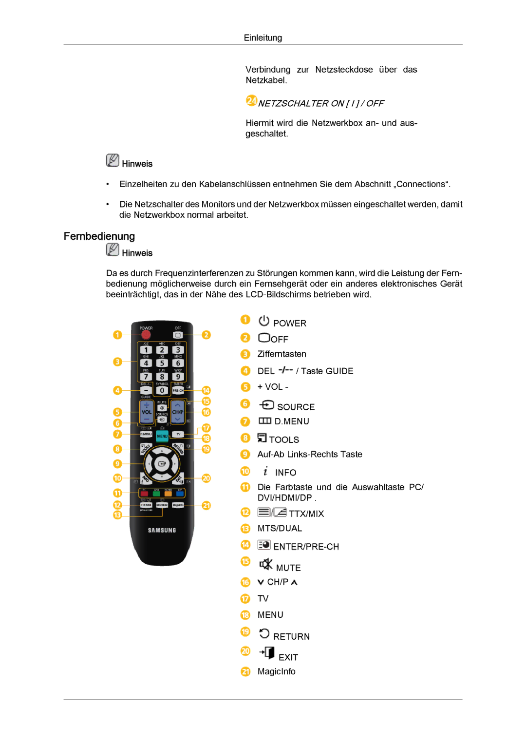 Samsung LH40CRPMBC/EN, LH46CRPMBD/EN, LH46CRPMBC/EN, LH40CRPMBD/EN manual Fernbedienung, Netzschalter on I / OFF 