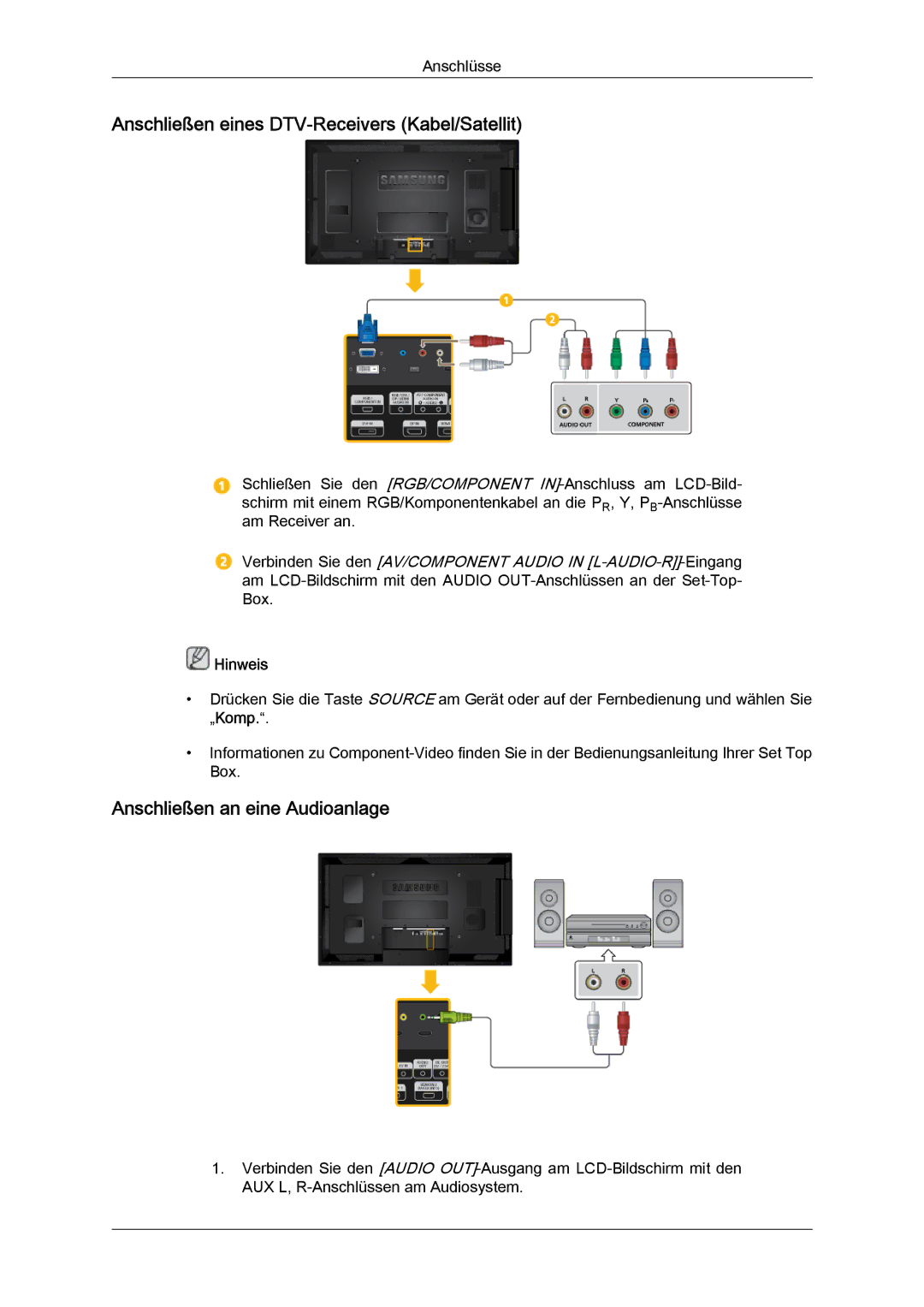 Samsung LH40CRPMBC/EN, LH46CRPMBD/EN manual Anschließen eines DTV-Receivers Kabel/Satellit, Anschließen an eine Audioanlage 