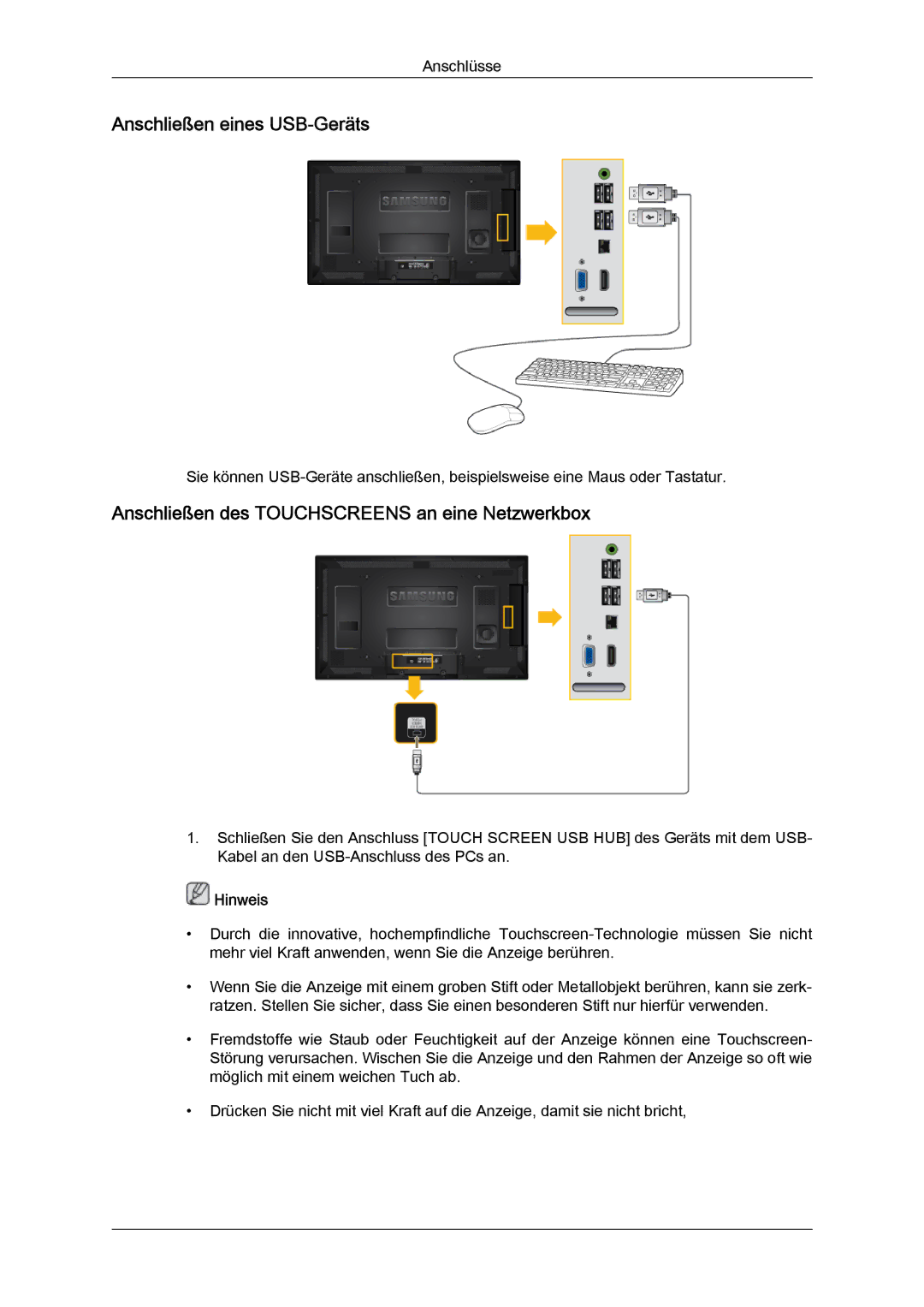 Samsung LH40CRPMBD/EN, LH46CRPMBD/EN manual Anschließen eines USB-Geräts, Anschließen des Touchscreens an eine Netzwerkbox 