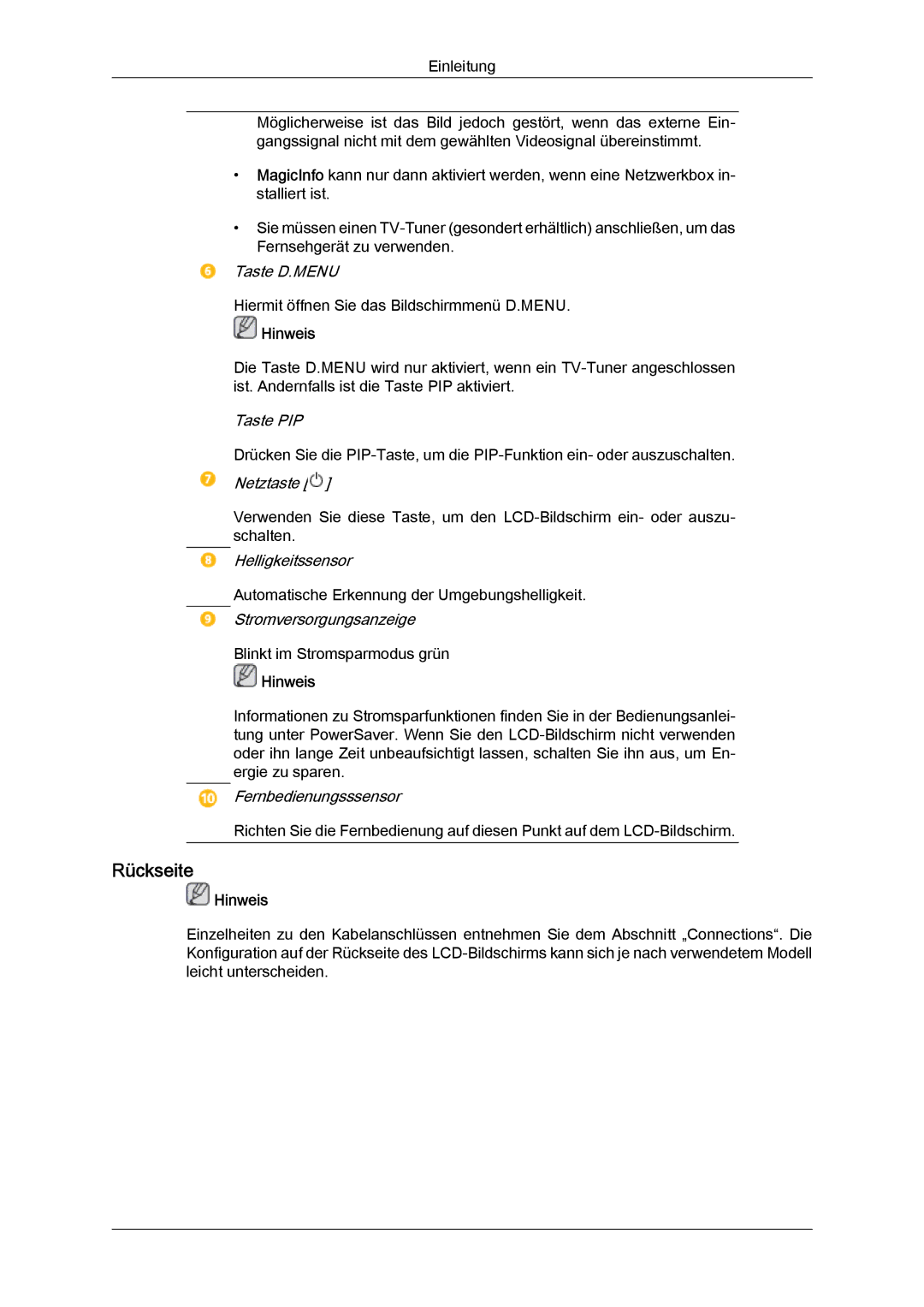 Samsung LH46CRPMBC/EN, LH46CRPMBD/EN, LH40CRPMBD/EN, LH40CRPMBC/EN manual Rückseite 