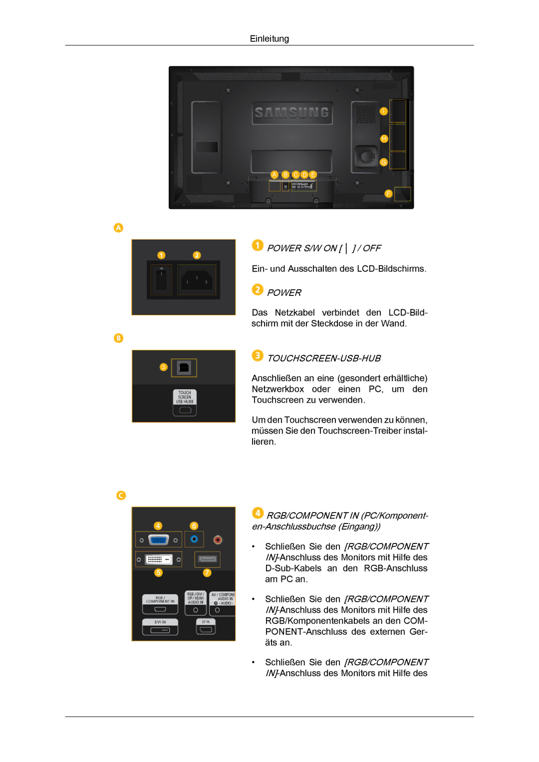 Samsung LH40CRPMBD/EN Power S/W on / OFF, Touchscreen-Usb-Hub, RGB/COMPONENT in PC/Komponent- en-Anschlussbuchse Eingang 