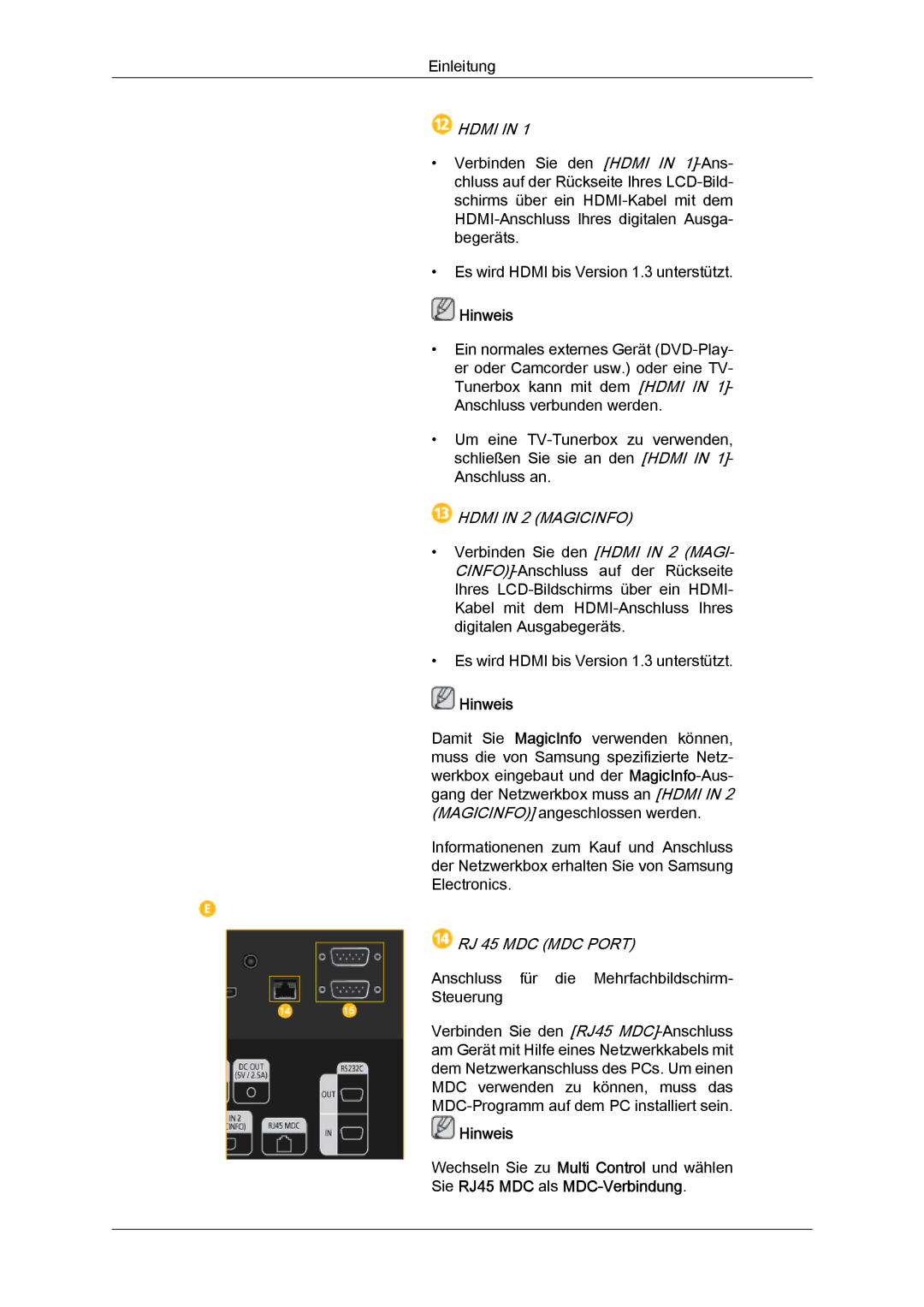 Samsung LH46CRPMBD/EN, LH46CRPMBC/EN, LH40CRPMBD/EN, LH40CRPMBC/EN manual Hdmi in 2 Magicinfo, RJ 45 MDC MDC Port 