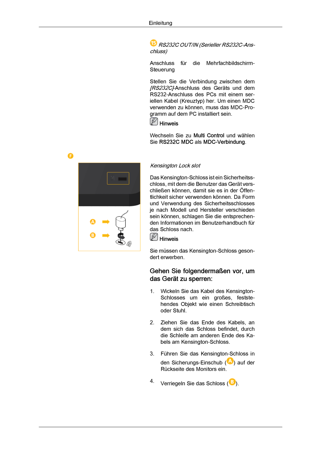 Samsung LH46CRPMBC/EN Gehen Sie folgendermaßen vor, um das Gerät zu sperren, RS232C OUT/IN Serieller RS232C-Ans- chluss 