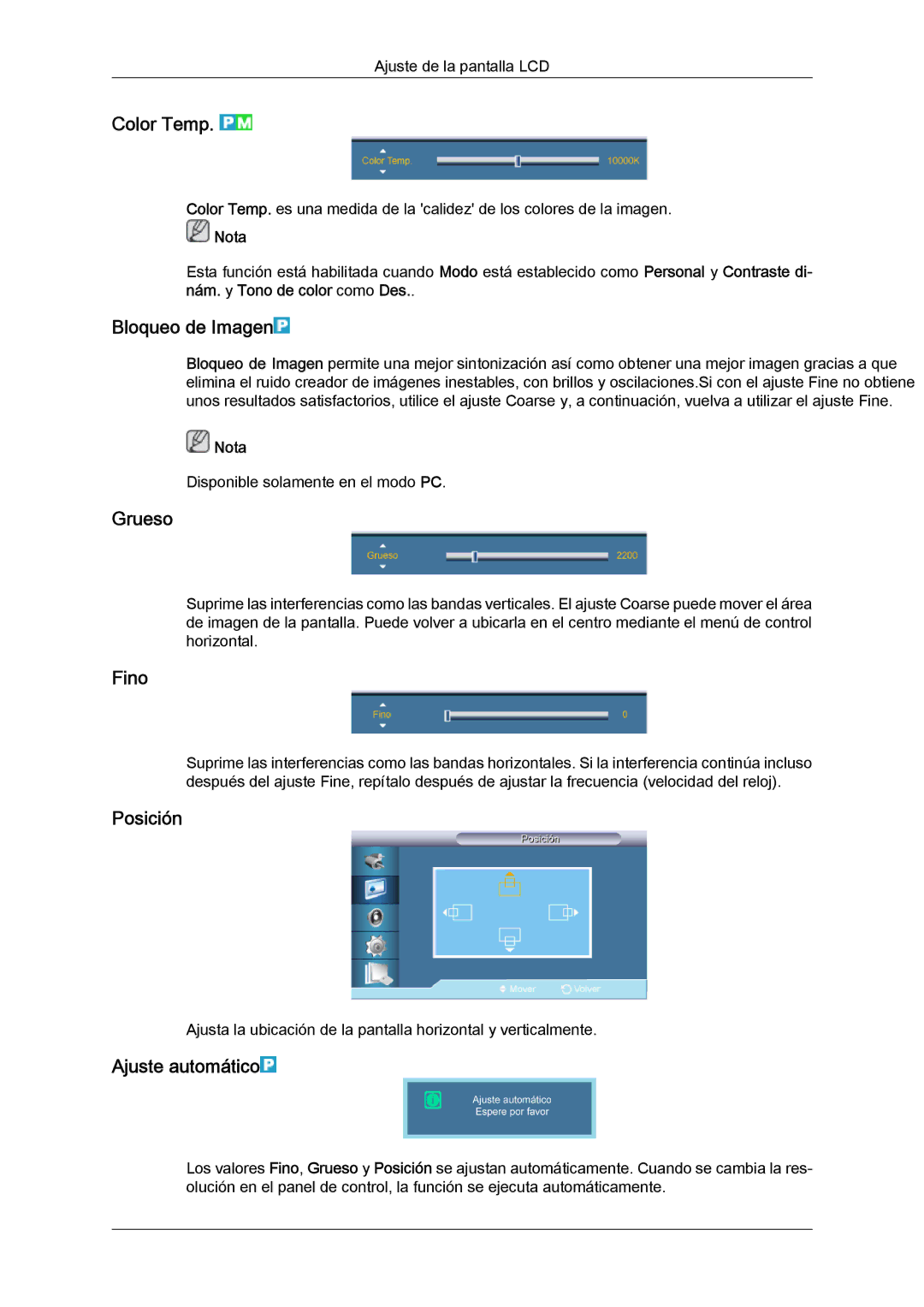 Samsung LH46CRPMBC/EN, LH46CRPMBD/EN, LH40CRPMBD/EN manual Color Temp, Bloqueo de Imagen, Grueso, Fino, Ajuste automático 