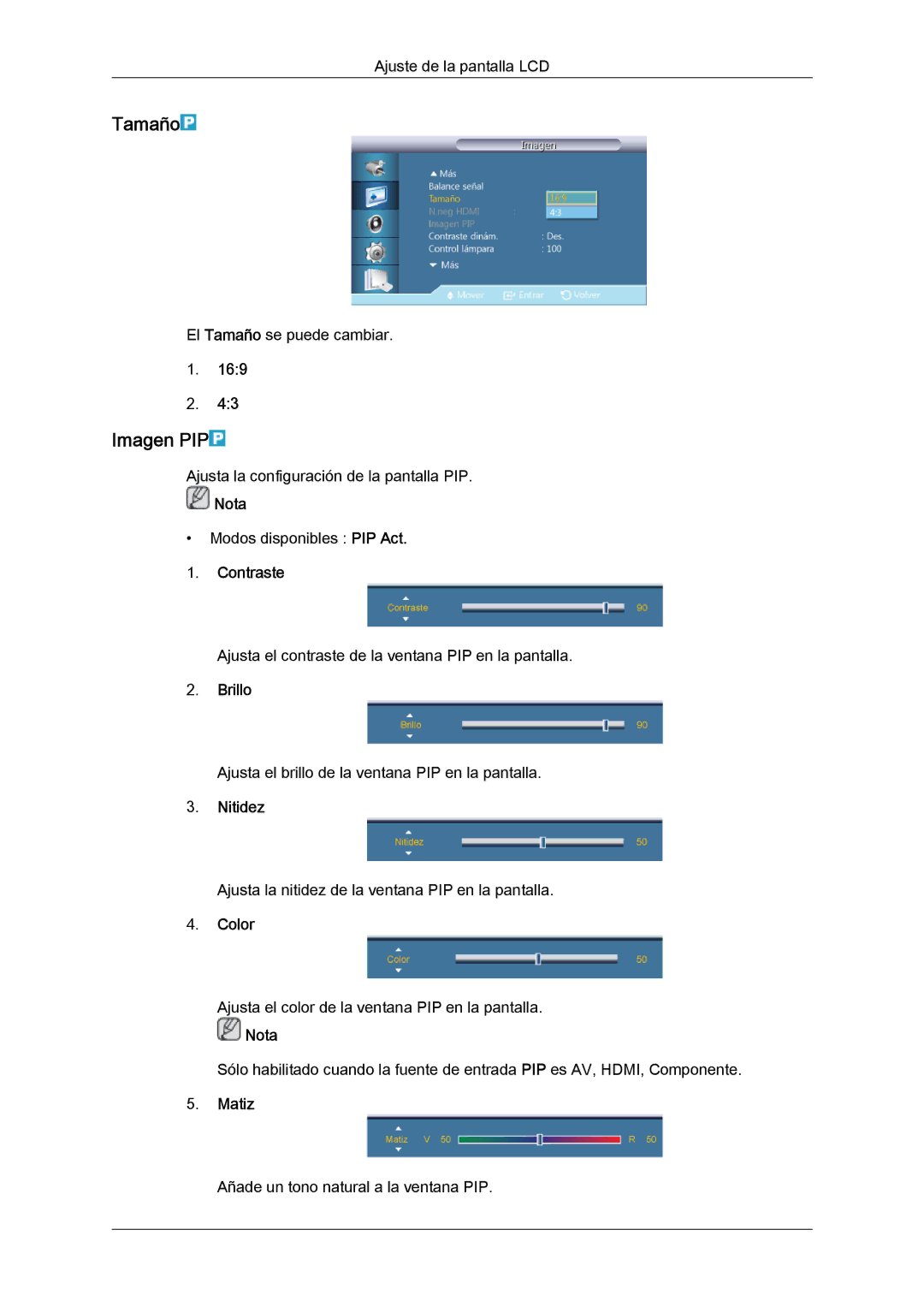 Samsung LH40CRPMBC/EN, LH46CRPMBD/EN, LH46CRPMBC/EN, LH40CRPMBD/EN manual Imagen PIP, Color, Matiz 