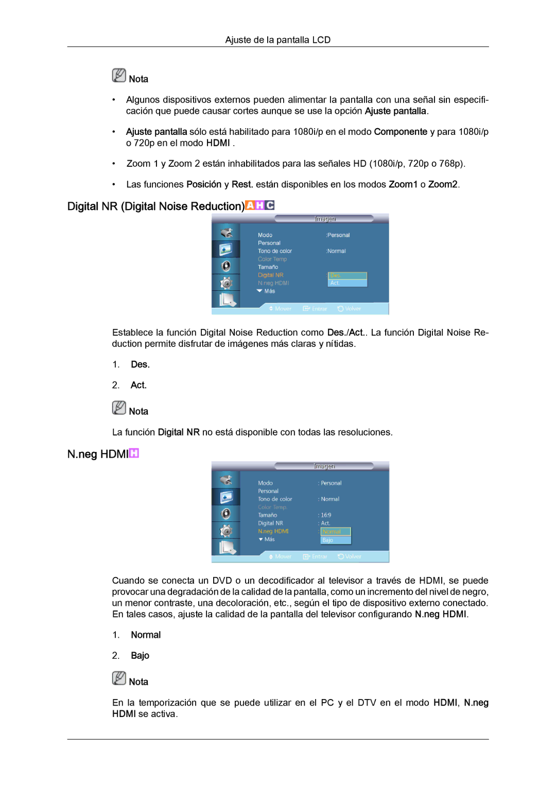 Samsung LH46CRPMBD/EN, LH46CRPMBC/EN, LH40CRPMBD/EN manual Digital NR Digital Noise Reduction, Neg Hdmi, Normal Bajo Nota 