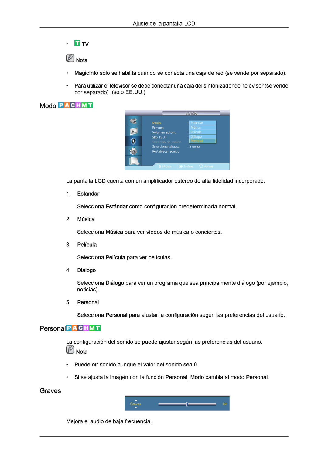 Samsung LH40CRPMBC/EN, LH46CRPMBD/EN, LH46CRPMBC/EN, LH40CRPMBD/EN manual Graves, Música, Diálogo 