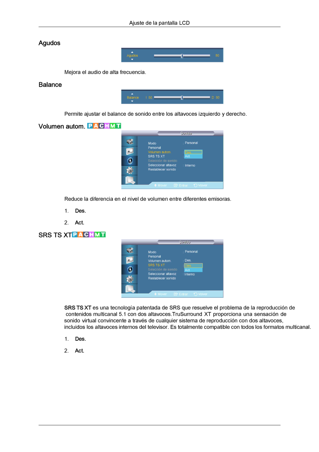 Samsung LH46CRPMBD/EN, LH46CRPMBC/EN, LH40CRPMBD/EN, LH40CRPMBC/EN manual Agudos, Balance, Volumen autom 