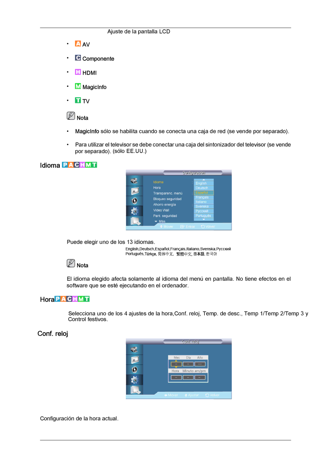 Samsung LH40CRPMBD/EN, LH46CRPMBD/EN, LH46CRPMBC/EN, LH40CRPMBC/EN manual Idioma, Hora, Conf. reloj 