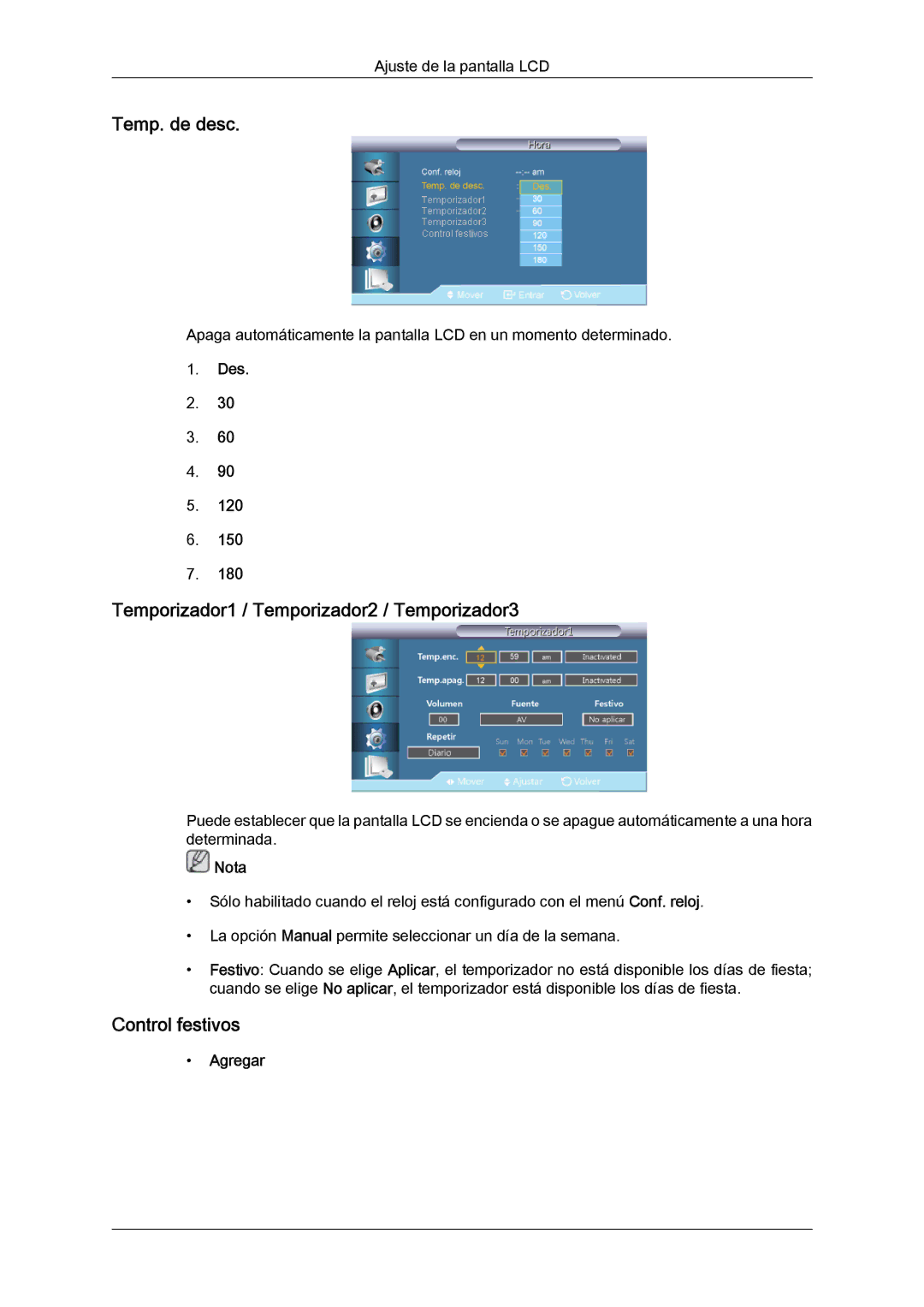 Samsung LH40CRPMBC/EN manual Temp. de desc, Temporizador1 / Temporizador2 / Temporizador3, Control festivos, Des, Agregar 