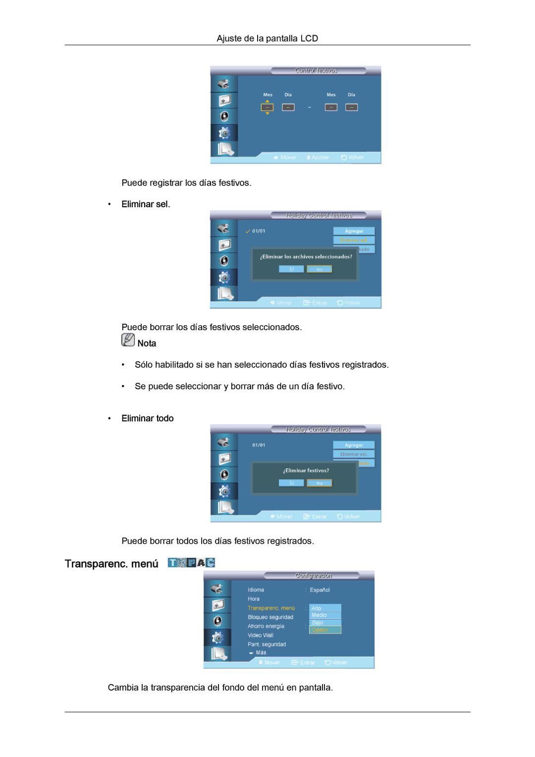 Samsung LH46CRPMBD/EN, LH46CRPMBC/EN, LH40CRPMBD/EN, LH40CRPMBC/EN manual Transparenc. menú, Eliminar sel, Eliminar todo 