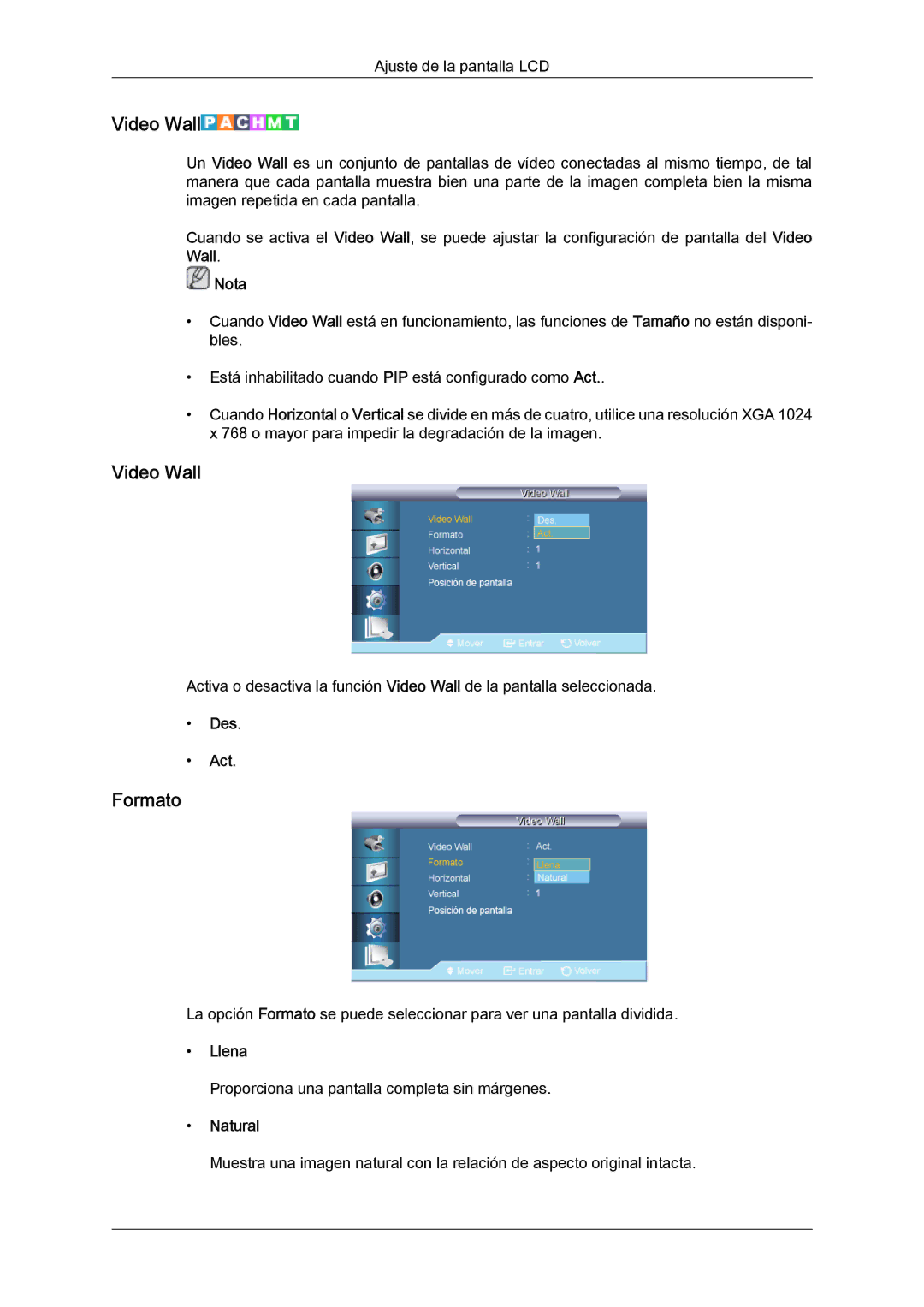 Samsung LH40CRPMBD/EN, LH46CRPMBD/EN, LH46CRPMBC/EN, LH40CRPMBC/EN manual Video Wall, Formato, Llena 