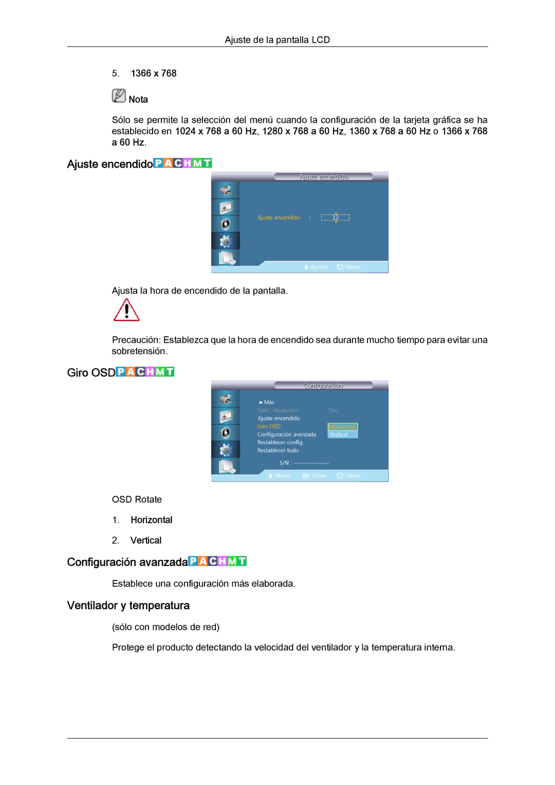 Samsung LH46CRPMBD/EN, LH46CRPMBC/EN manual Ajuste encendido, Giro OSD, Configuración avanzada, Ventilador y temperatura 