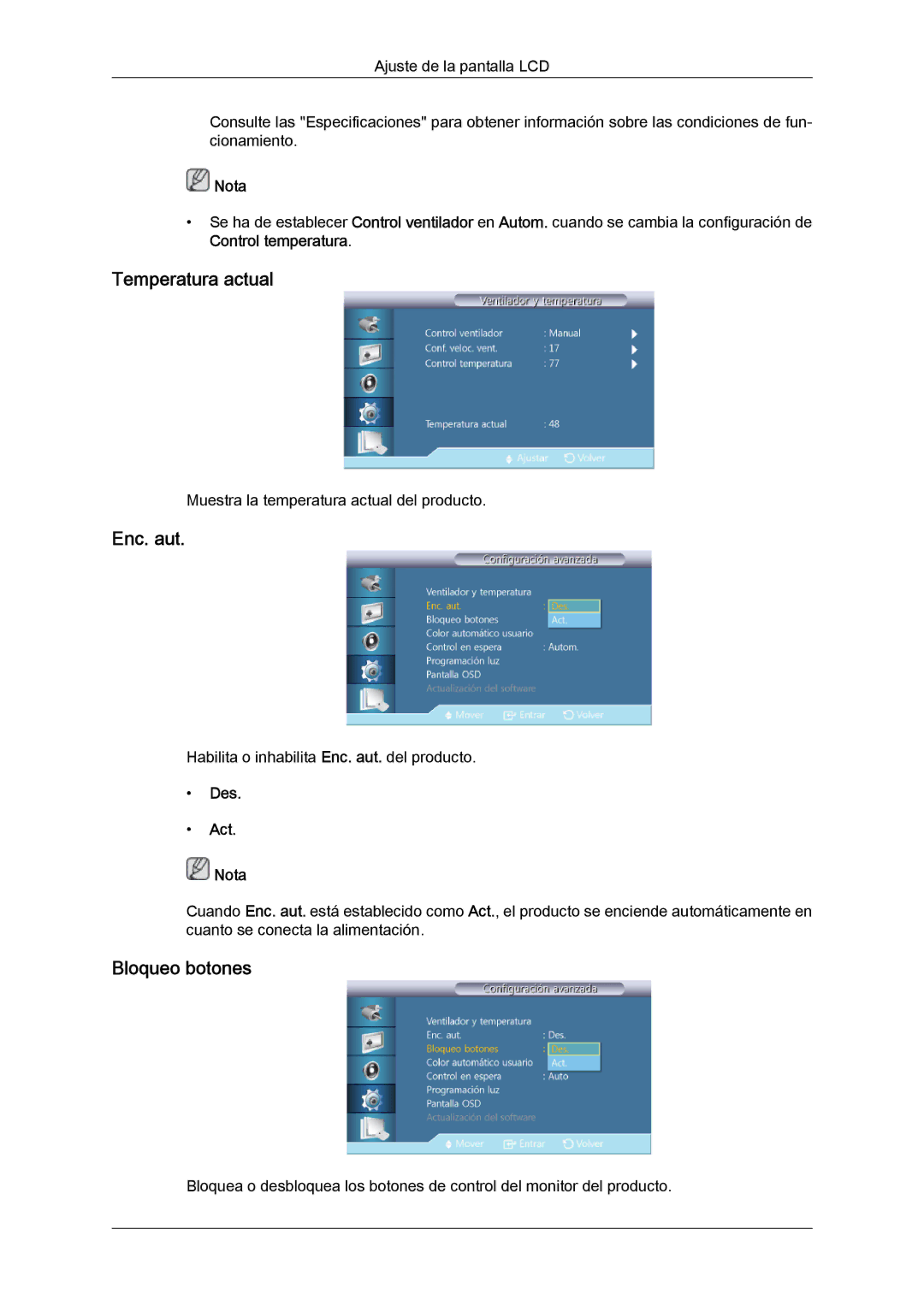 Samsung LH40CRPMBD/EN, LH46CRPMBD/EN, LH46CRPMBC/EN, LH40CRPMBC/EN manual Temperatura actual, Enc. aut, Bloqueo botones 