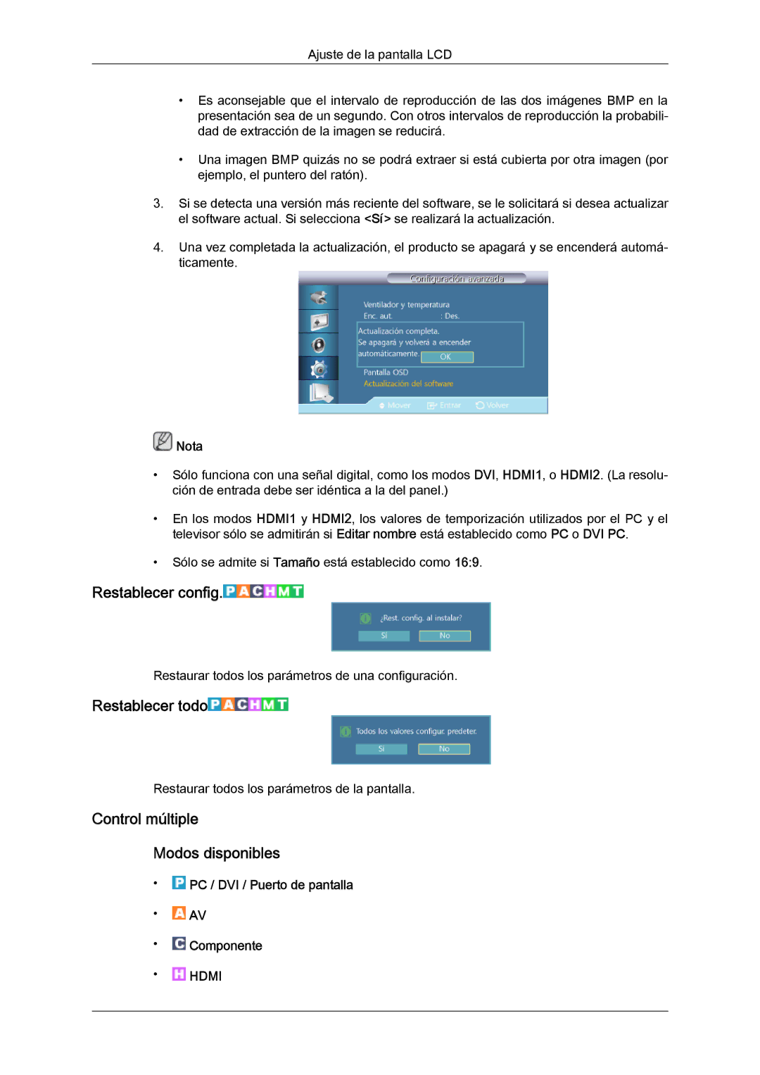 Samsung LH40CRPMBD/EN, LH46CRPMBD/EN manual Restablecer config, Restablecer todo, Control múltiple Modos disponibles 