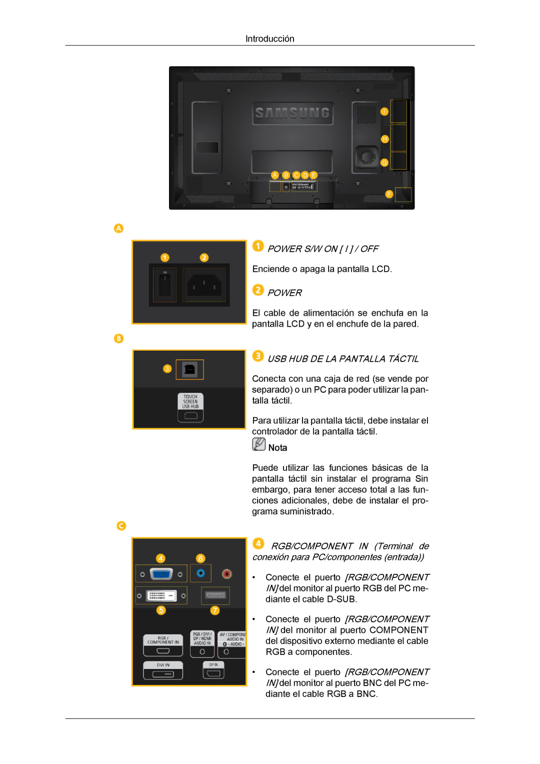 Samsung LH40CRPMBD/EN, LH46CRPMBD/EN, LH46CRPMBC/EN, LH40CRPMBC/EN manual Power S/W on I / OFF, USB HUB DE LA Pantalla Táctil 