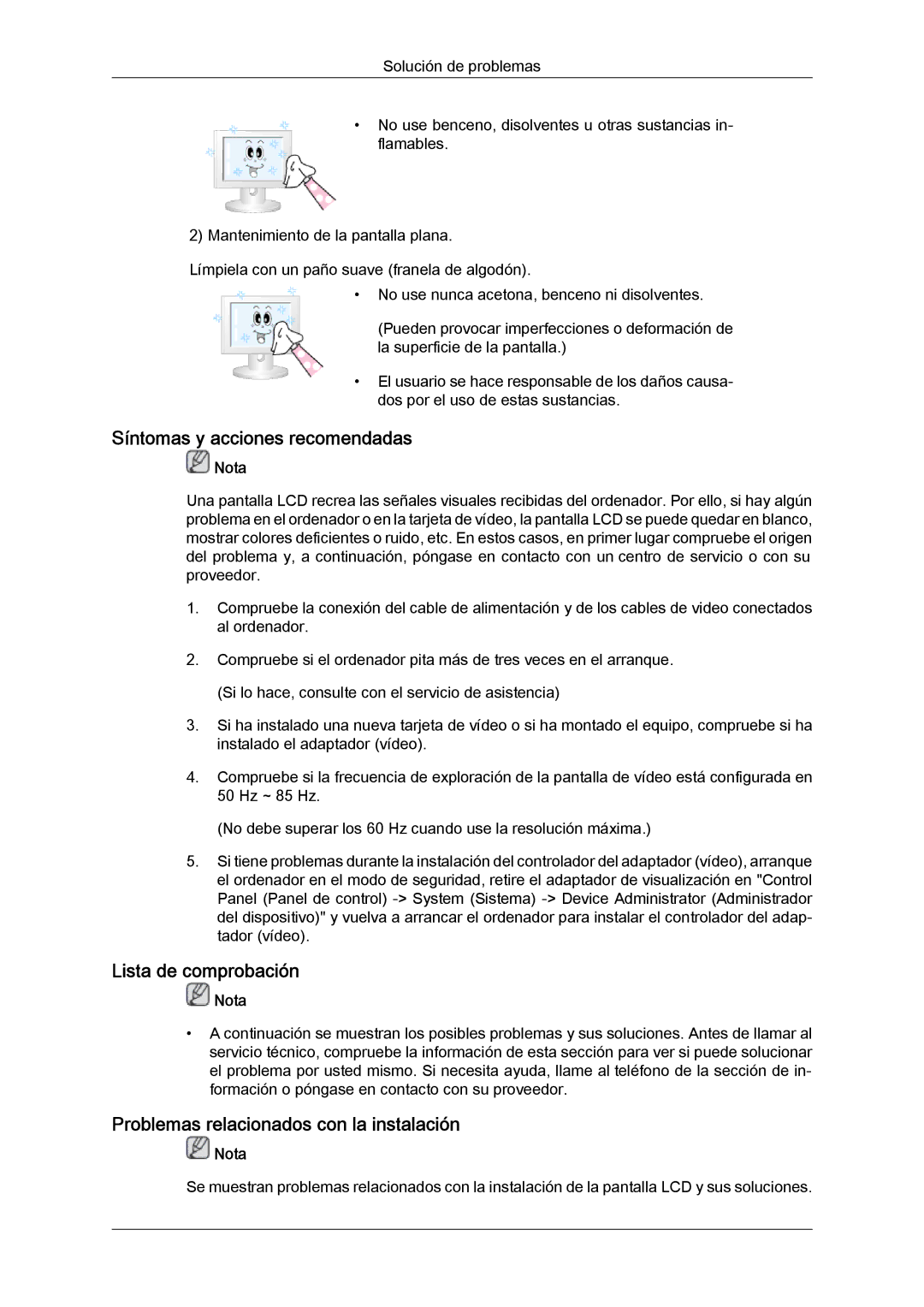 Samsung LH46CRPMBC/EN Síntomas y acciones recomendadas, Lista de comprobación, Problemas relacionados con la instalación 