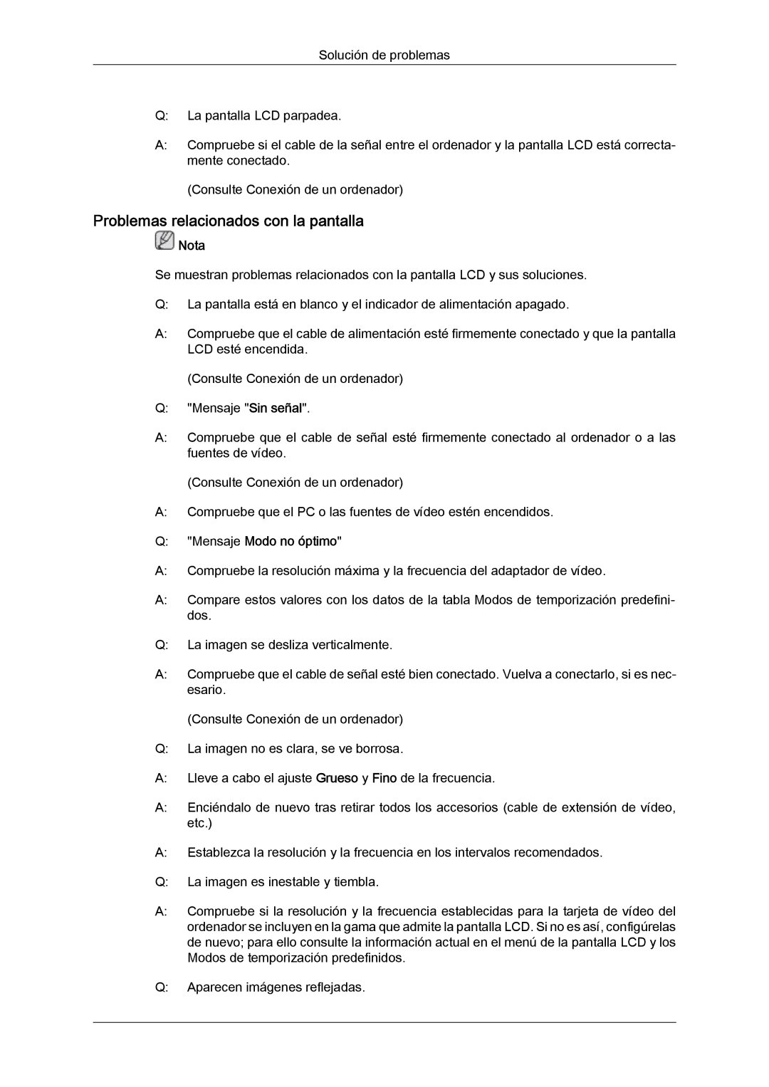 Samsung LH40CRPMBD/EN, LH46CRPMBD/EN, LH46CRPMBC/EN manual Problemas relacionados con la pantalla, Mensaje Modo no óptimo 