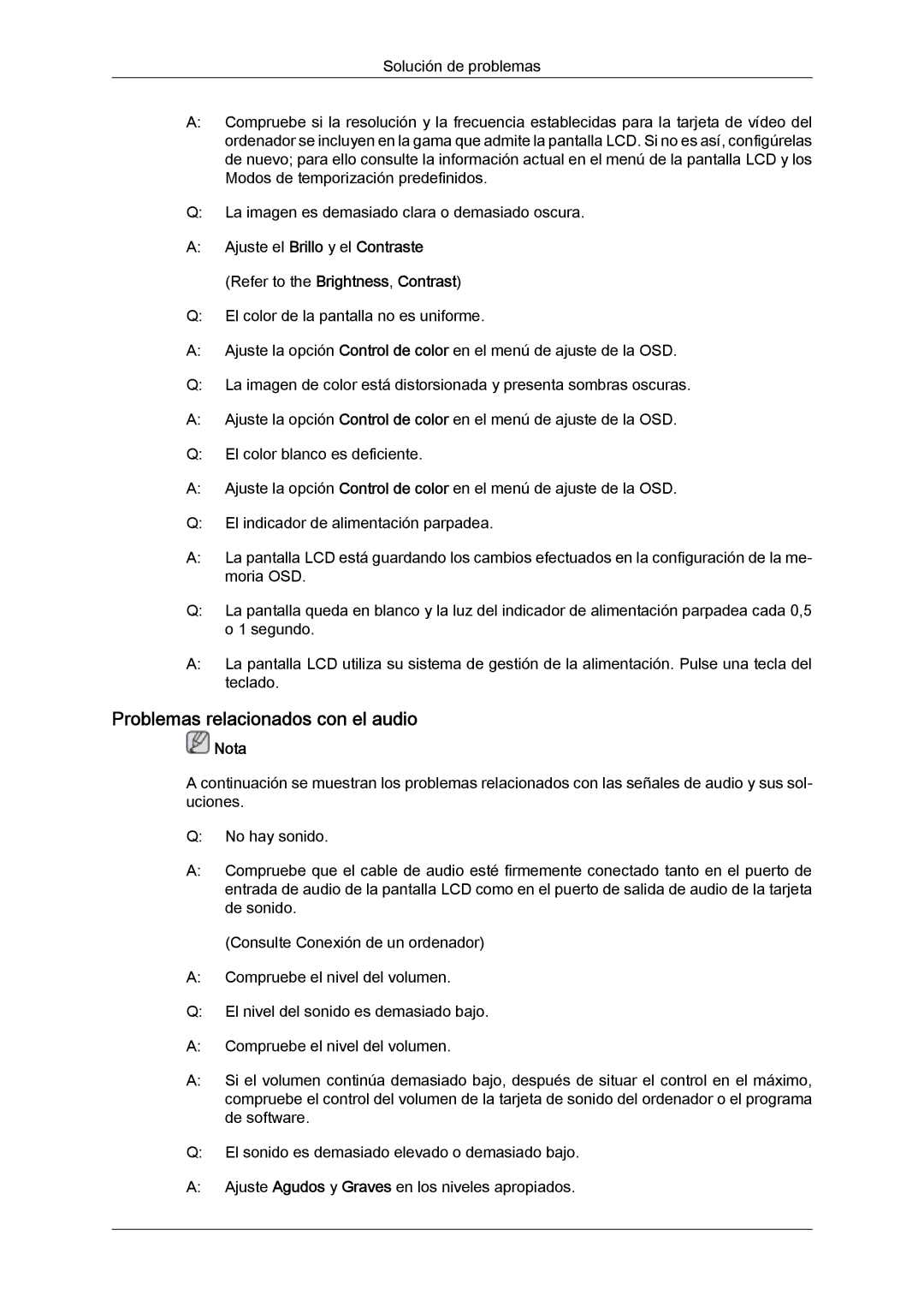 Samsung LH40CRPMBC/EN, LH46CRPMBD/EN, LH46CRPMBC/EN, LH40CRPMBD/EN manual Problemas relacionados con el audio 