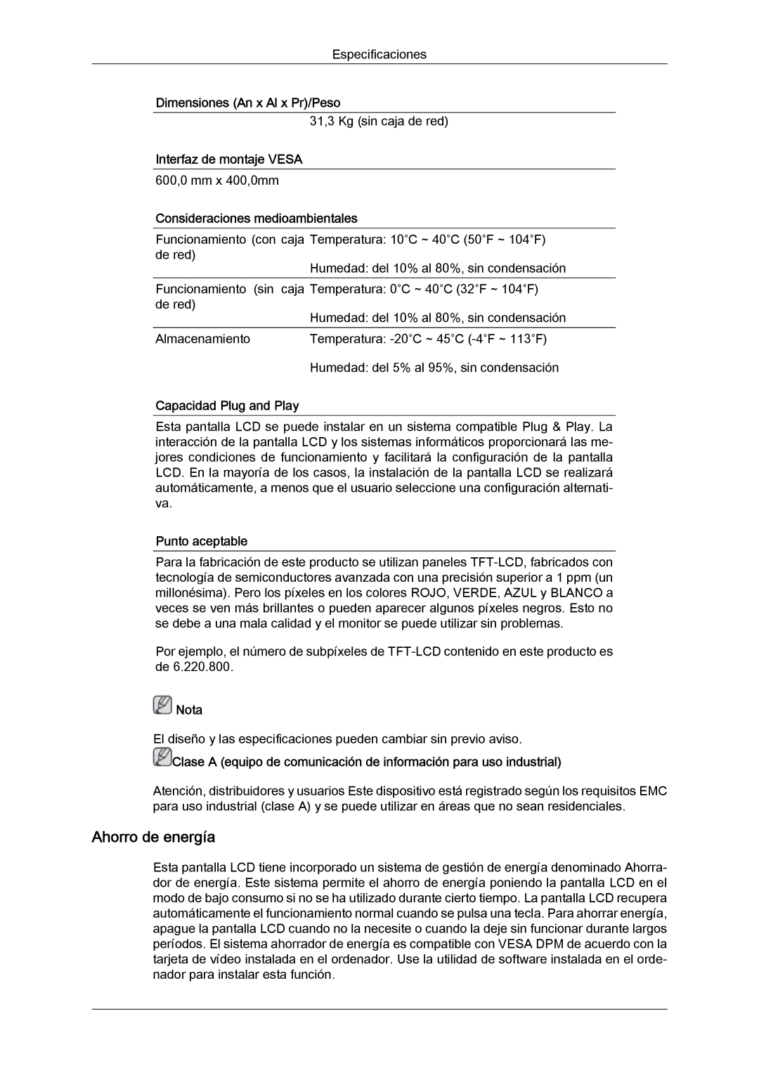 Samsung LH40CRPMBC/EN manual Ahorro de energía, Interfaz de montaje Vesa, Consideraciones medioambientales, Punto aceptable 