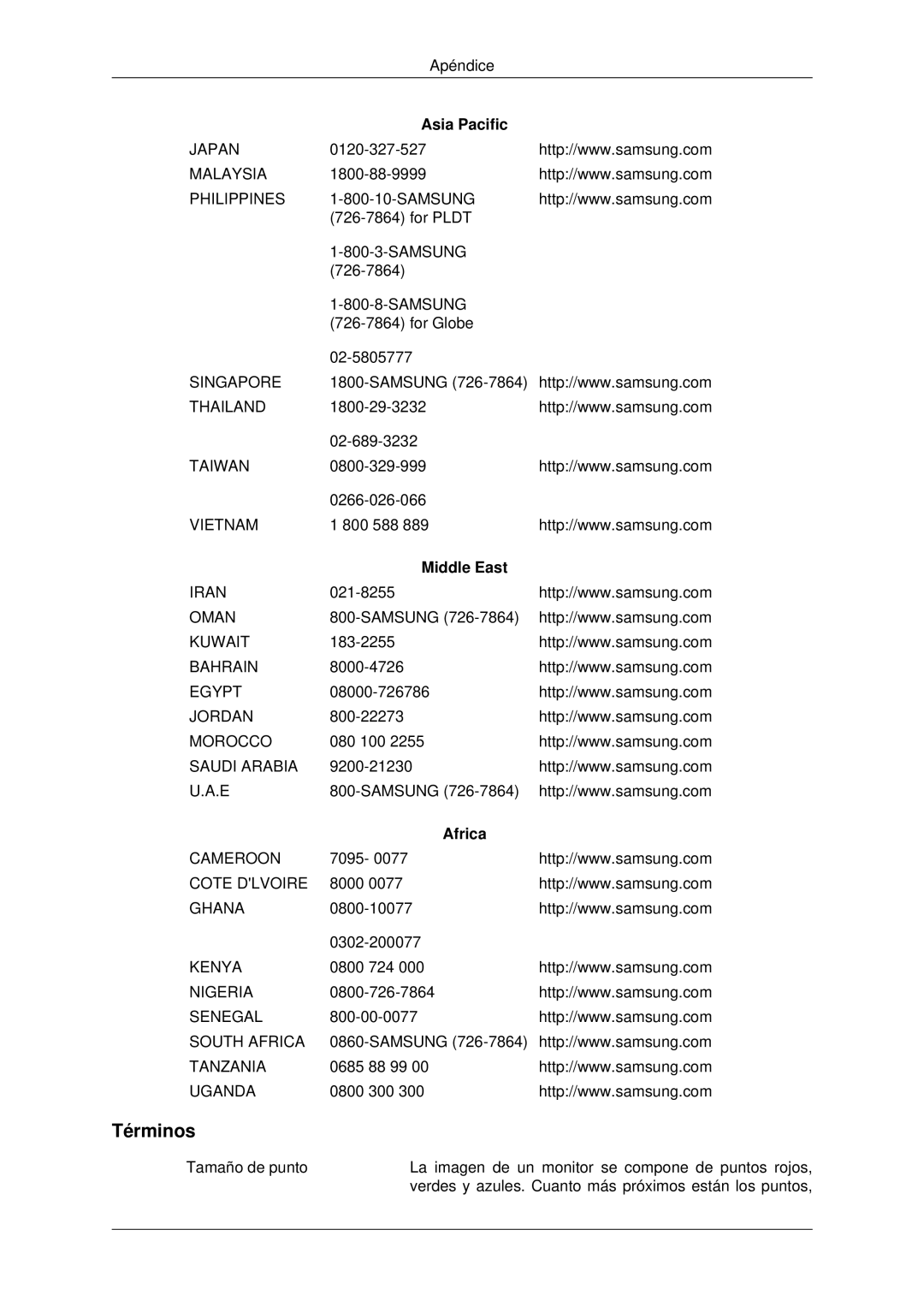 Samsung LH46CRPMBC/EN, LH46CRPMBD/EN, LH40CRPMBD/EN, LH40CRPMBC/EN manual Términos, Middle East, Africa 