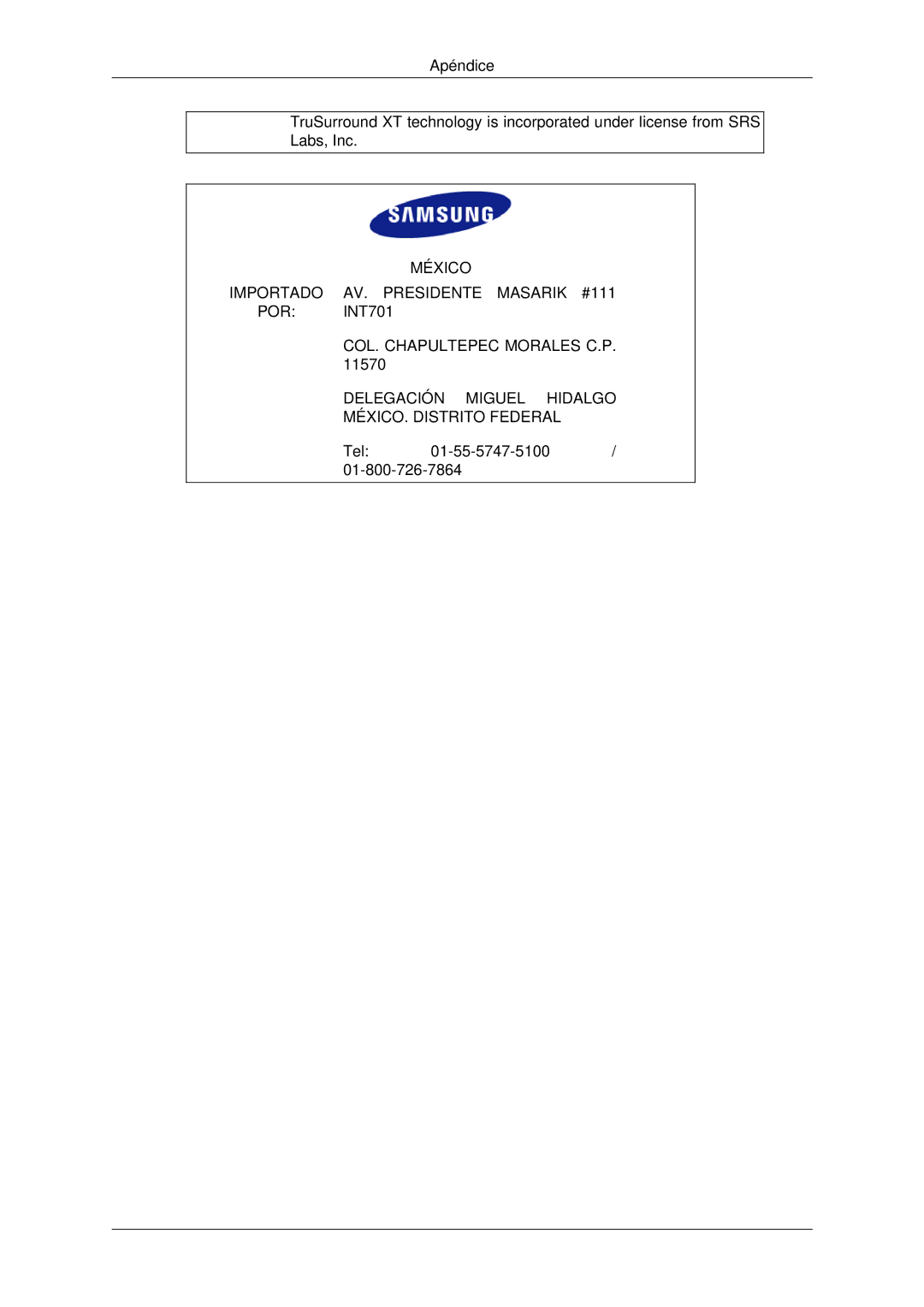 Samsung LH46CRPMBD/EN, LH46CRPMBC/EN, LH40CRPMBD/EN, LH40CRPMBC/EN manual Tel 01-55-5747-5100 01-800-726-7864 