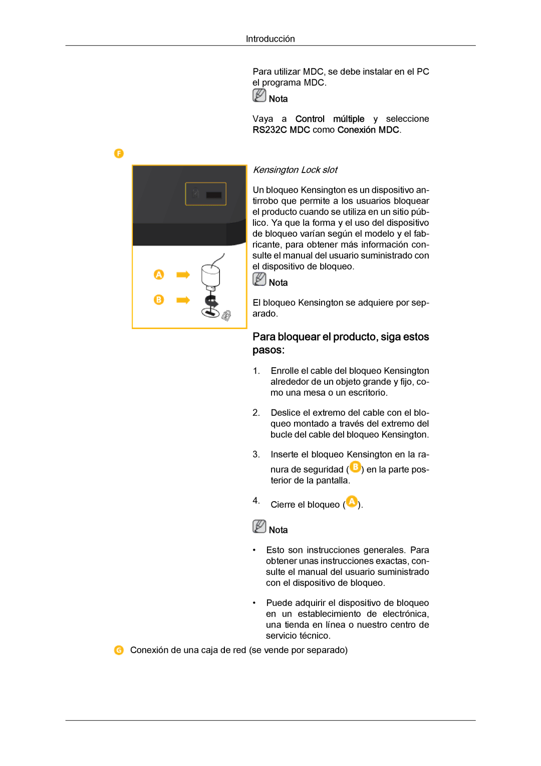 Samsung LH46CRPMBC/EN Para bloquear el producto, siga estos pasos, RS232C MDC como Conexión MDC, Kensington Lock slot 