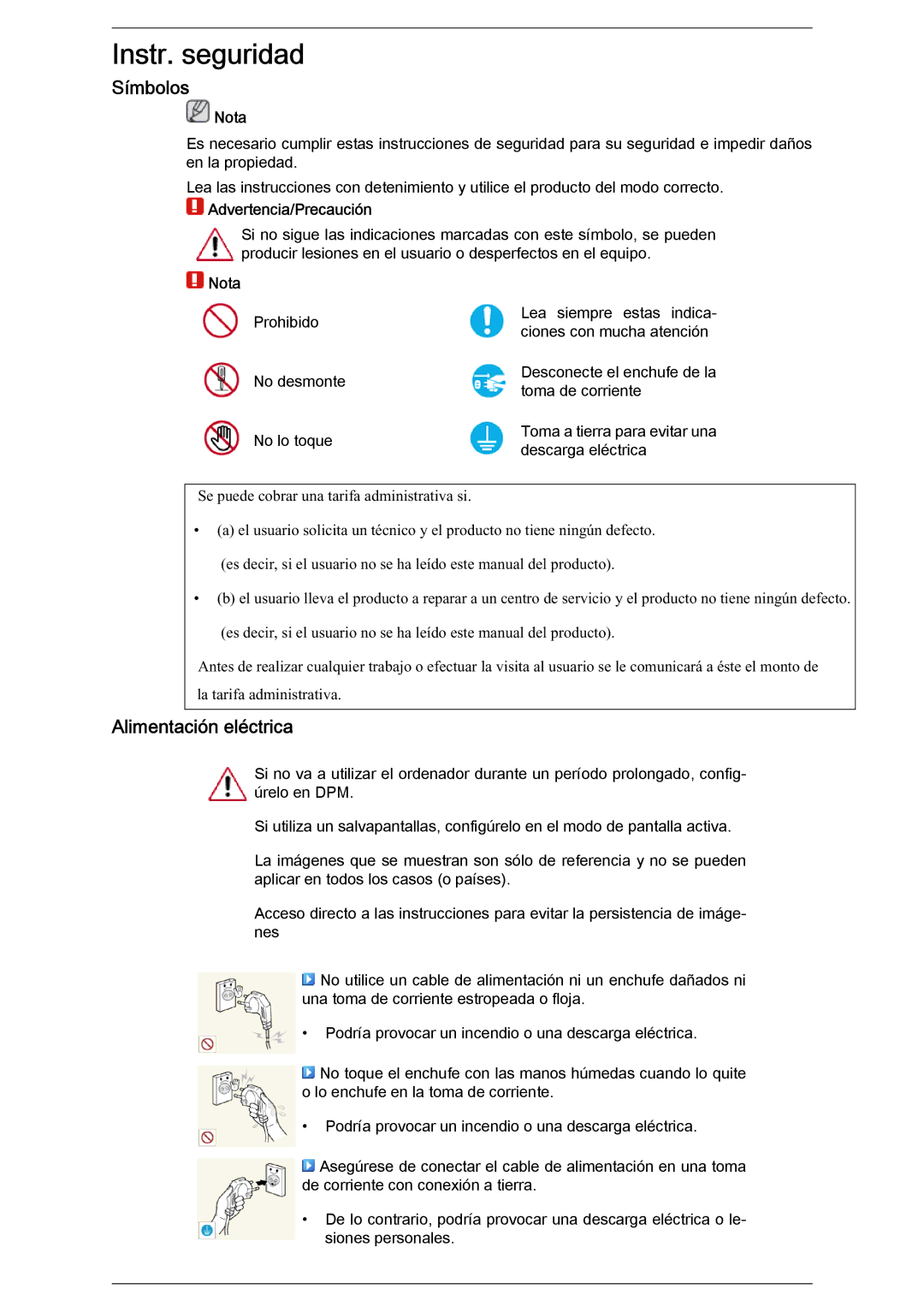 Samsung LH40CRPMBD/EN, LH46CRPMBD/EN, LH46CRPMBC/EN manual Símbolos, Alimentación eléctrica, Nota, Advertencia/Precaución 