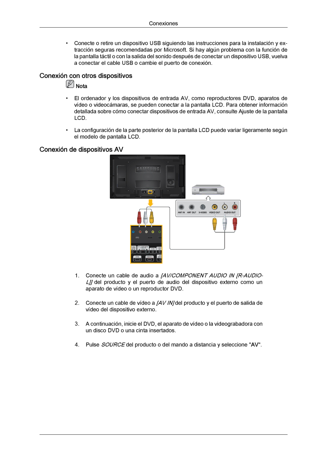 Samsung LH46CRPMBC/EN, LH46CRPMBD/EN, LH40CRPMBD/EN manual Conexión con otros dispositivos, Conexión de dispositivos AV 