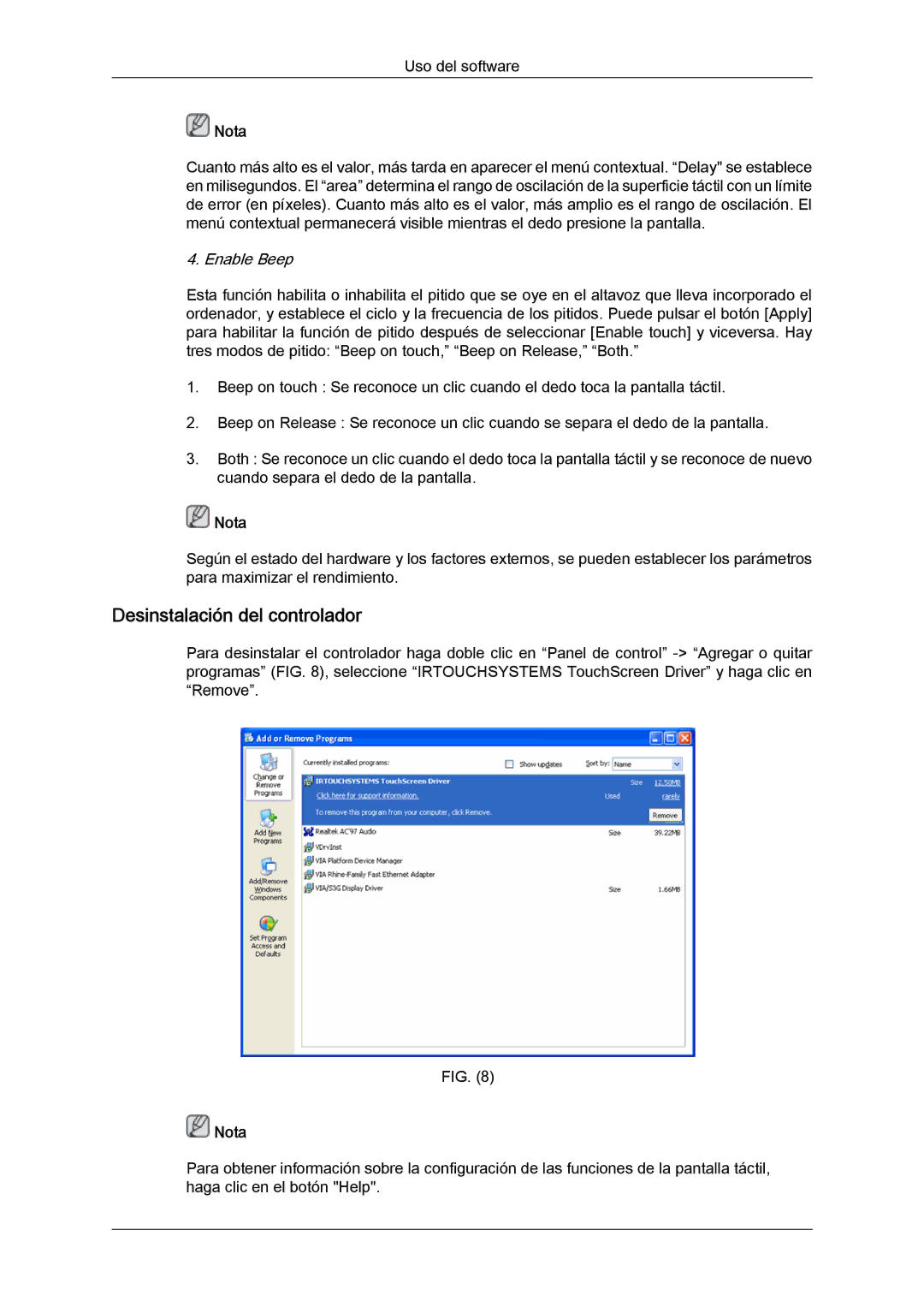 Samsung LH40CRPMBD/EN, LH46CRPMBD/EN, LH46CRPMBC/EN, LH40CRPMBC/EN manual Desinstalación del controlador, Enable Beep 