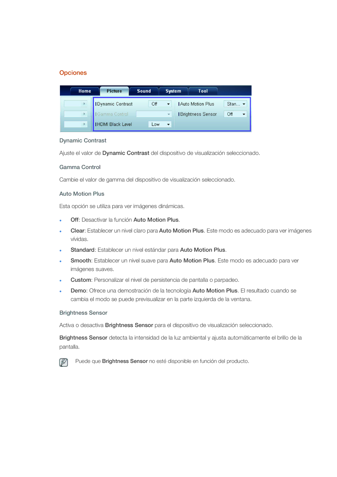 Samsung LH40CRPMBD/EN, LH46CRPMBD/EN, LH46CRPMBC/EN manual Opciones, Dynamic Contrast, Auto Motion Plus, Brightness Sensor 