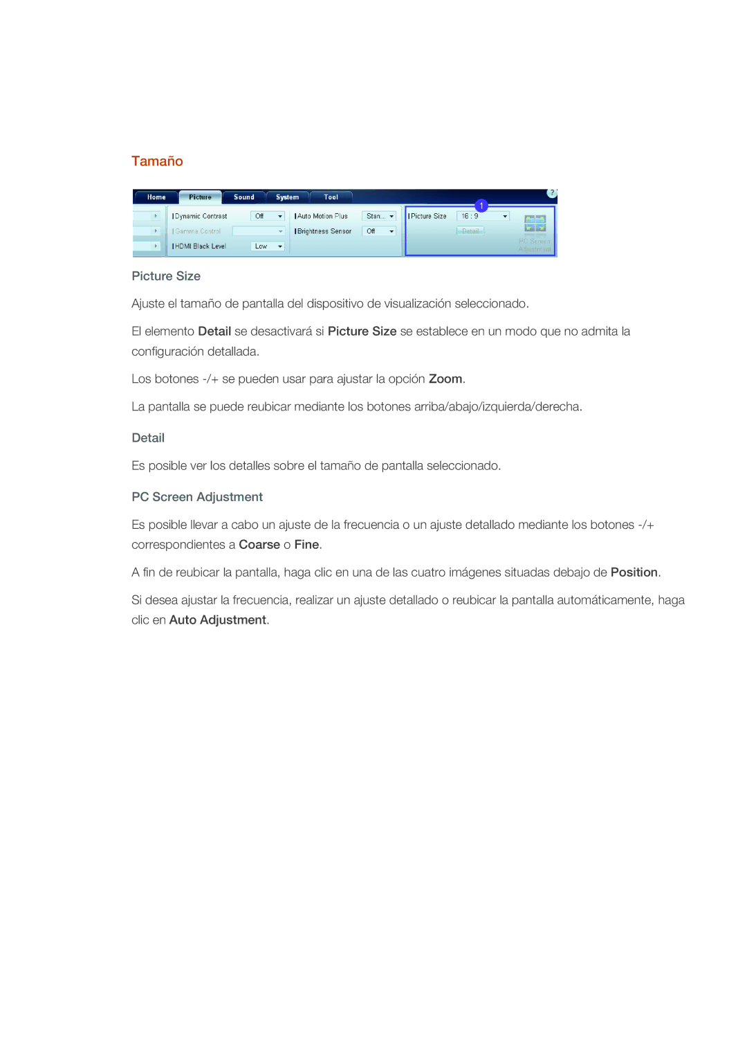 Samsung LH40CRPMBC/EN, LH46CRPMBD/EN, LH46CRPMBC/EN, LH40CRPMBD/EN manual Tamaño, Picture Size, Detail, PC Screen Adjustment 