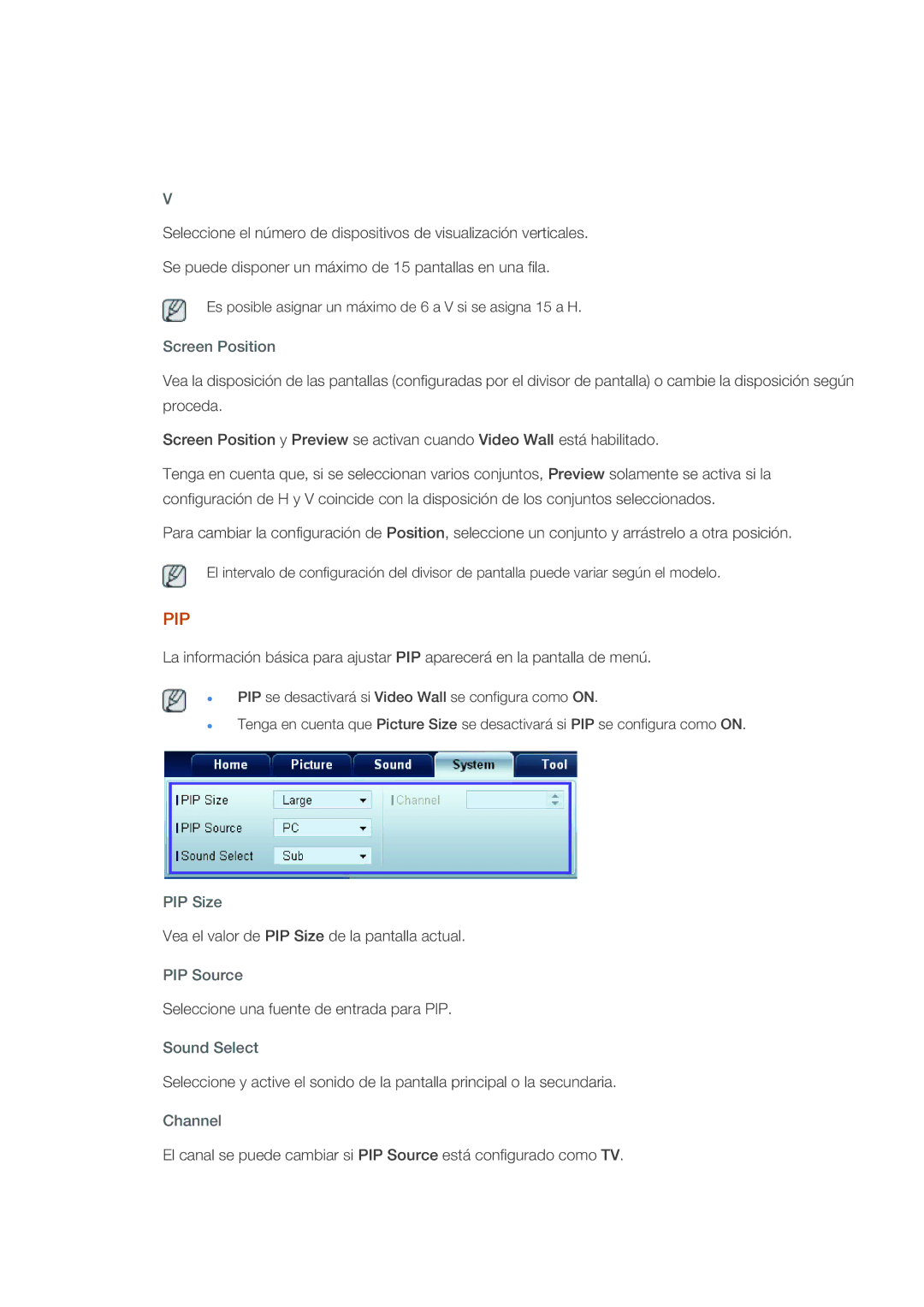 Samsung LH40CRPMBD/EN, LH46CRPMBD/EN, LH46CRPMBC/EN, LH40CRPMBC/EN manual Screen Position, PIP Size, PIP Source, Sound Select 