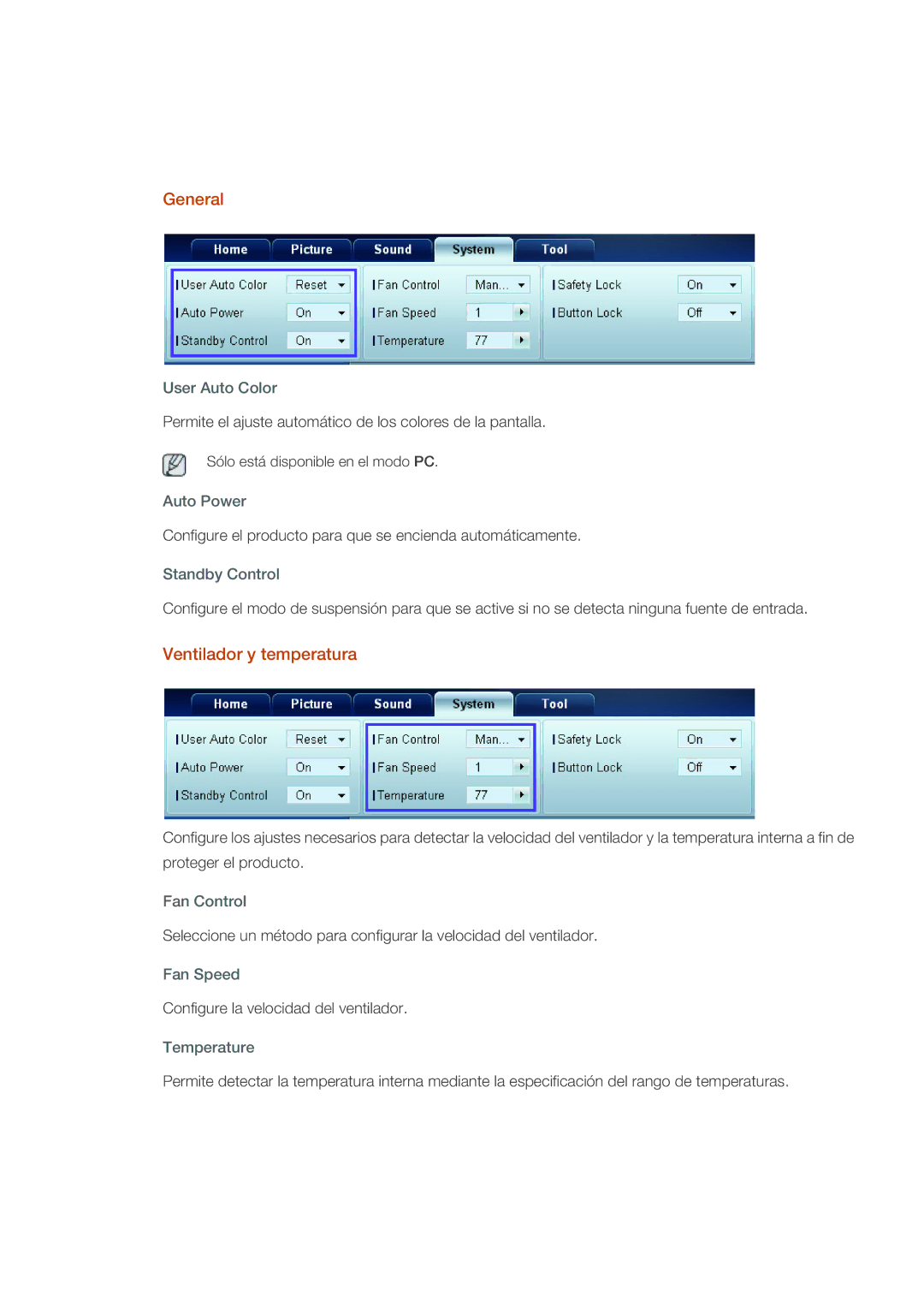 Samsung LH40CRPMBC/EN, LH46CRPMBD/EN, LH46CRPMBC/EN, LH40CRPMBD/EN manual General, Ventilador y temperatura 