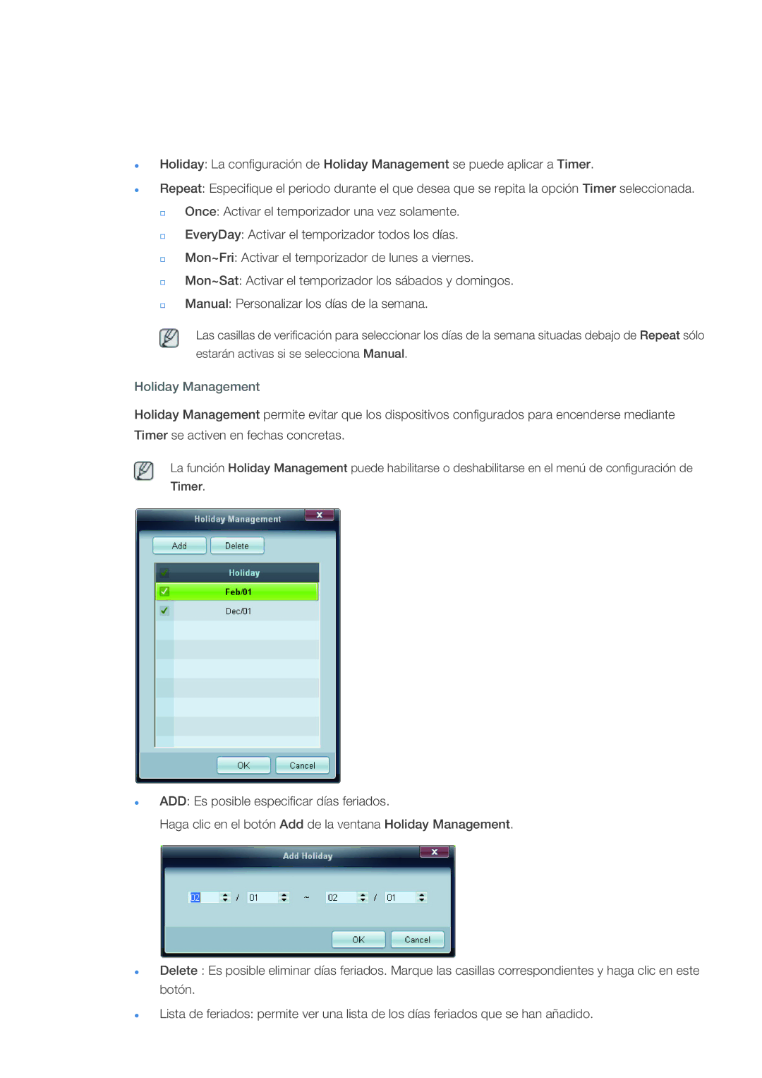 Samsung LH40CRPMBD/EN, LH46CRPMBD/EN, LH46CRPMBC/EN, LH40CRPMBC/EN manual Holiday Management 