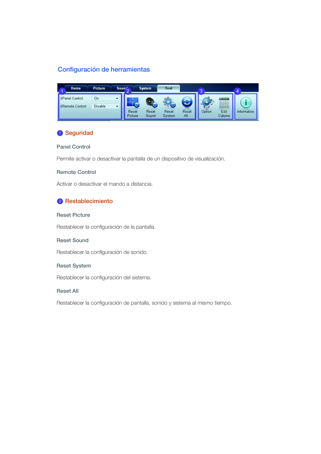 Samsung LH46CRPMBC/EN, LH46CRPMBD/EN, LH40CRPMBD/EN, LH40CRPMBC/EN manual Configuración de herramientas, Restablecimiento 