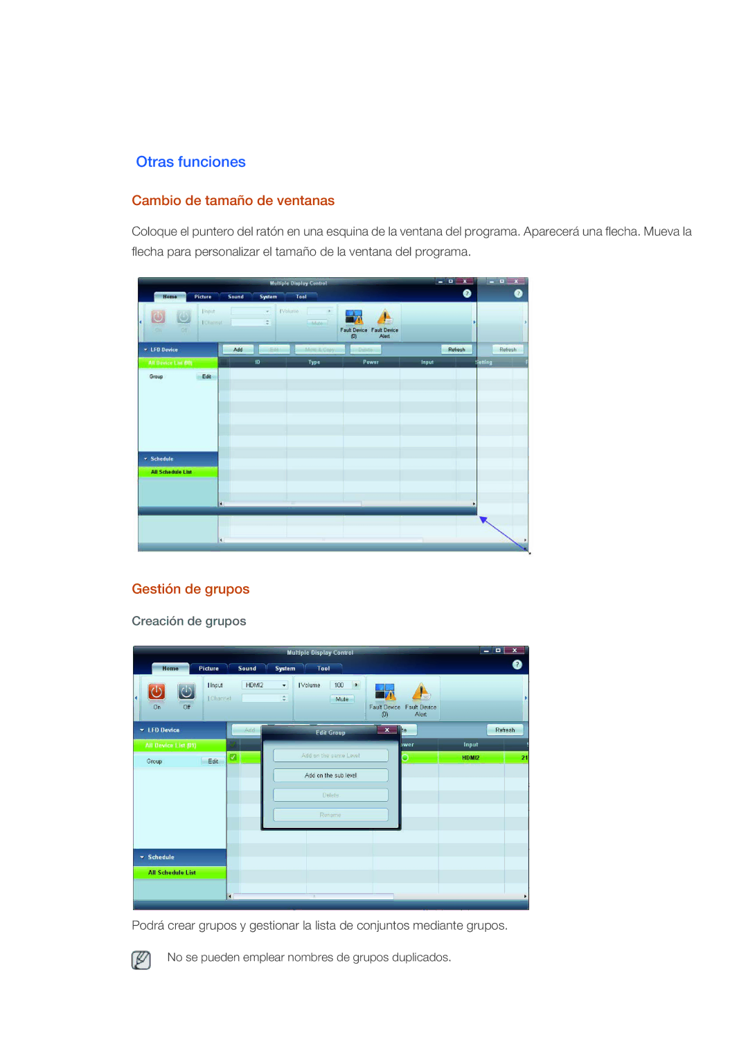Samsung LH40CRPMBC/EN, LH46CRPMBD/EN Otras funciones, Cambio de tamaño de ventanas, Gestión de grupos, Creación de grupos 